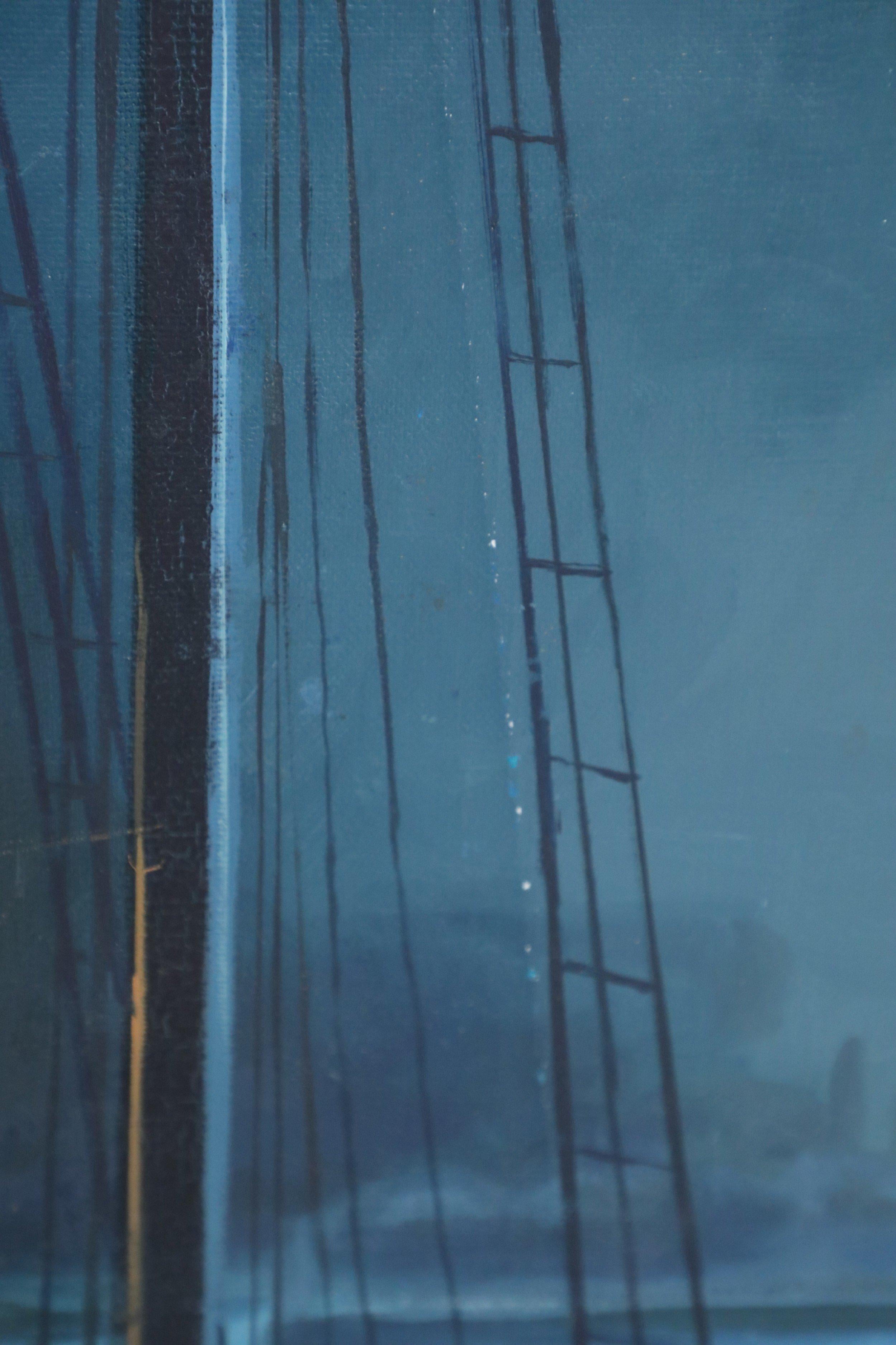 Américain Peinture à l'huile de paysage marin du milieu du siècle dernier, encadrée, représentant des navires allant d'un chantier naval à la nuit en vente