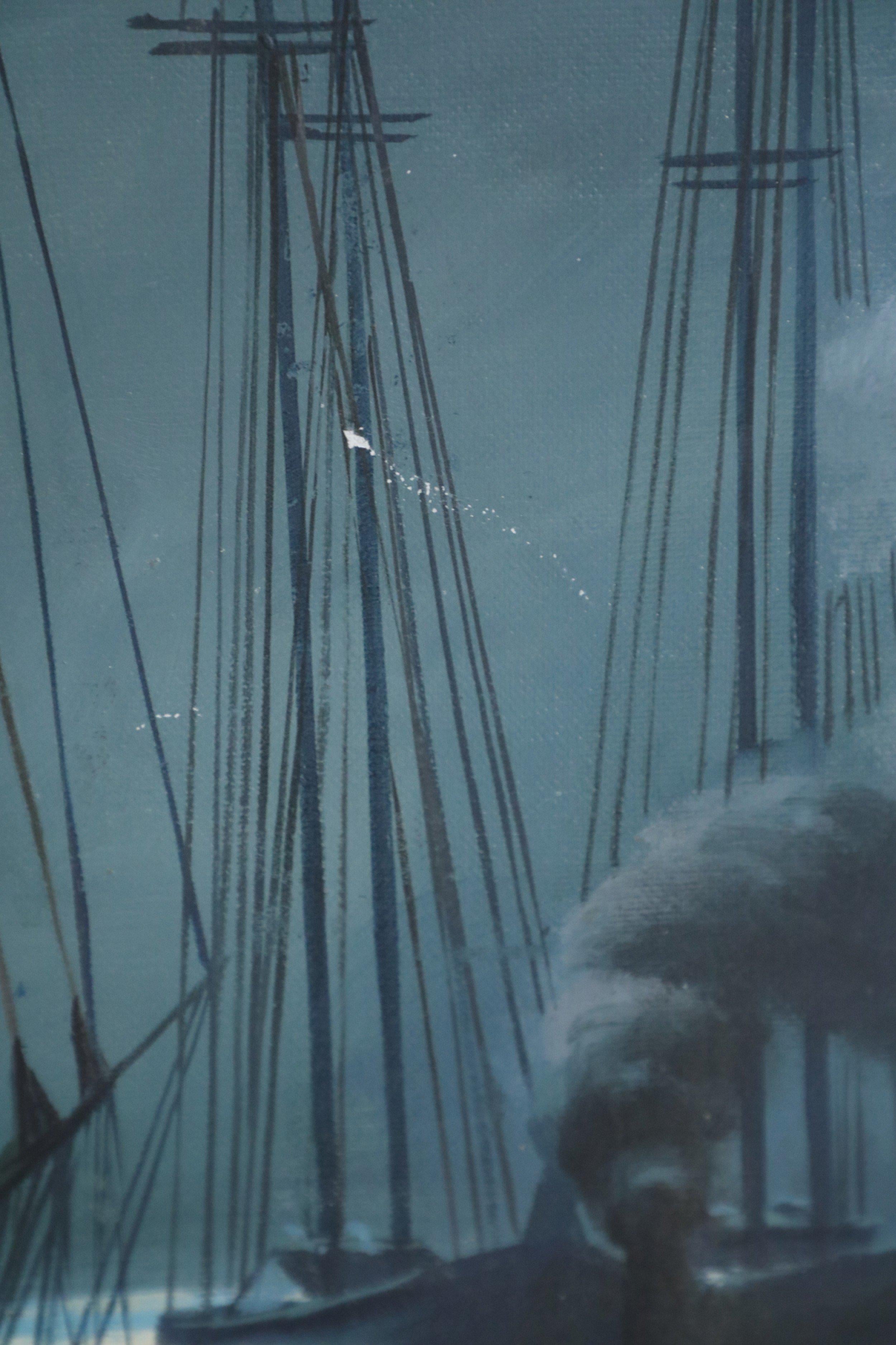 Peinture à l'huile de paysage marin du milieu du siècle dernier, encadrée, représentant des navires allant d'un chantier naval à la nuit Bon état - En vente à New York, NY