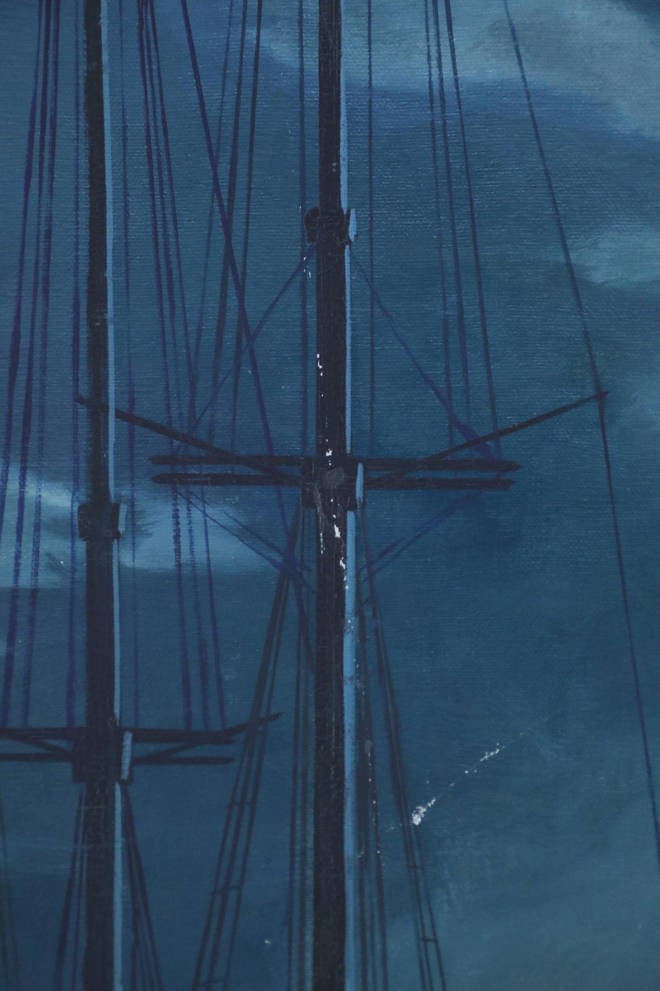 20ième siècle Peinture à l'huile de paysage marin du milieu du siècle dernier, encadrée, représentant des navires allant d'un chantier naval à la nuit en vente