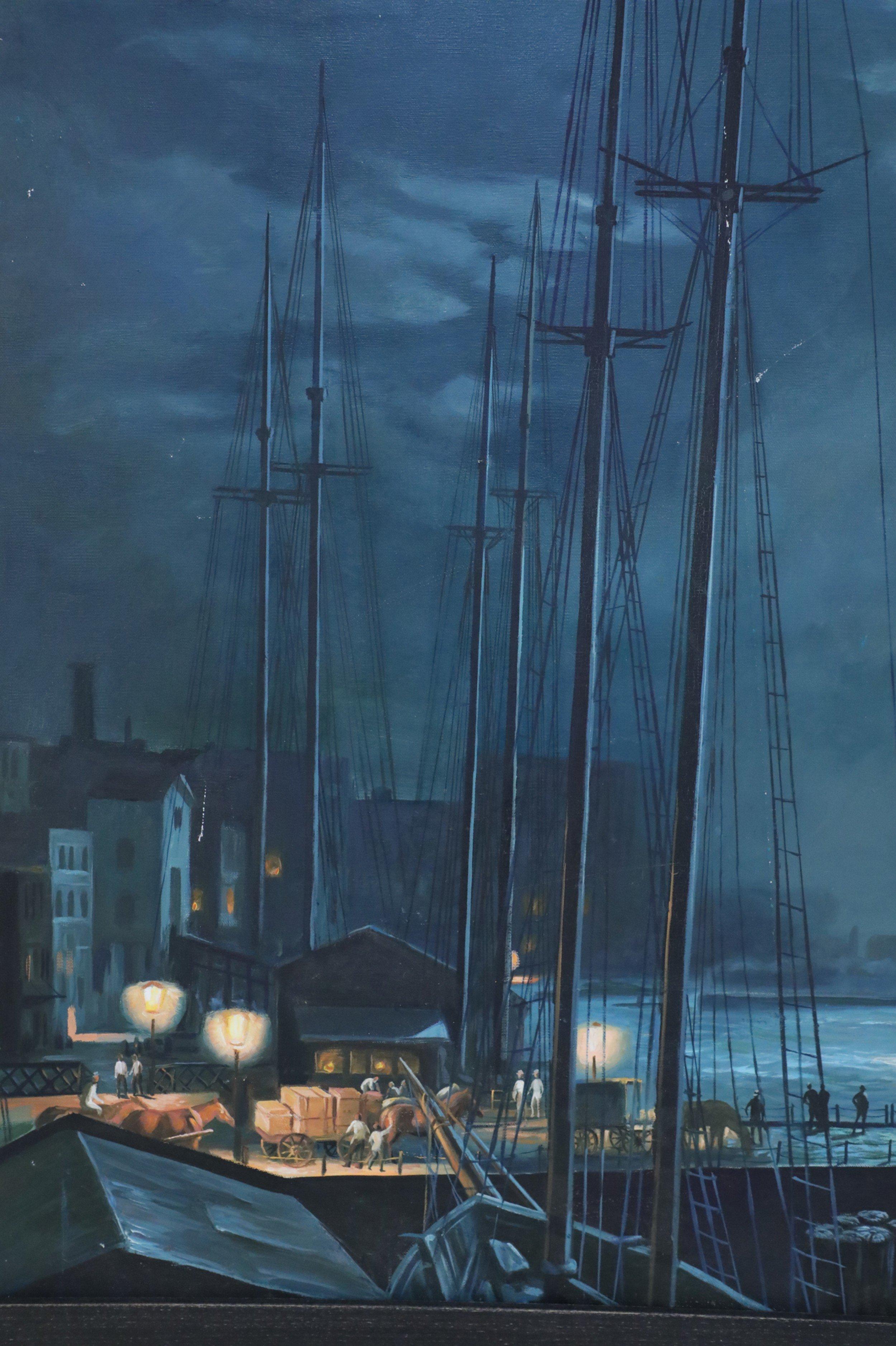 Peinture à l'huile de paysage marin du milieu du siècle dernier, encadrée, représentant des navires allant d'un chantier naval à la nuit en vente 1