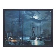 Gerahmtes Ölgemälde mit Meereslandschaft aus der Mitte des Jahrhunderts, von Schiffen, die bei Nacht ins Dock steigen