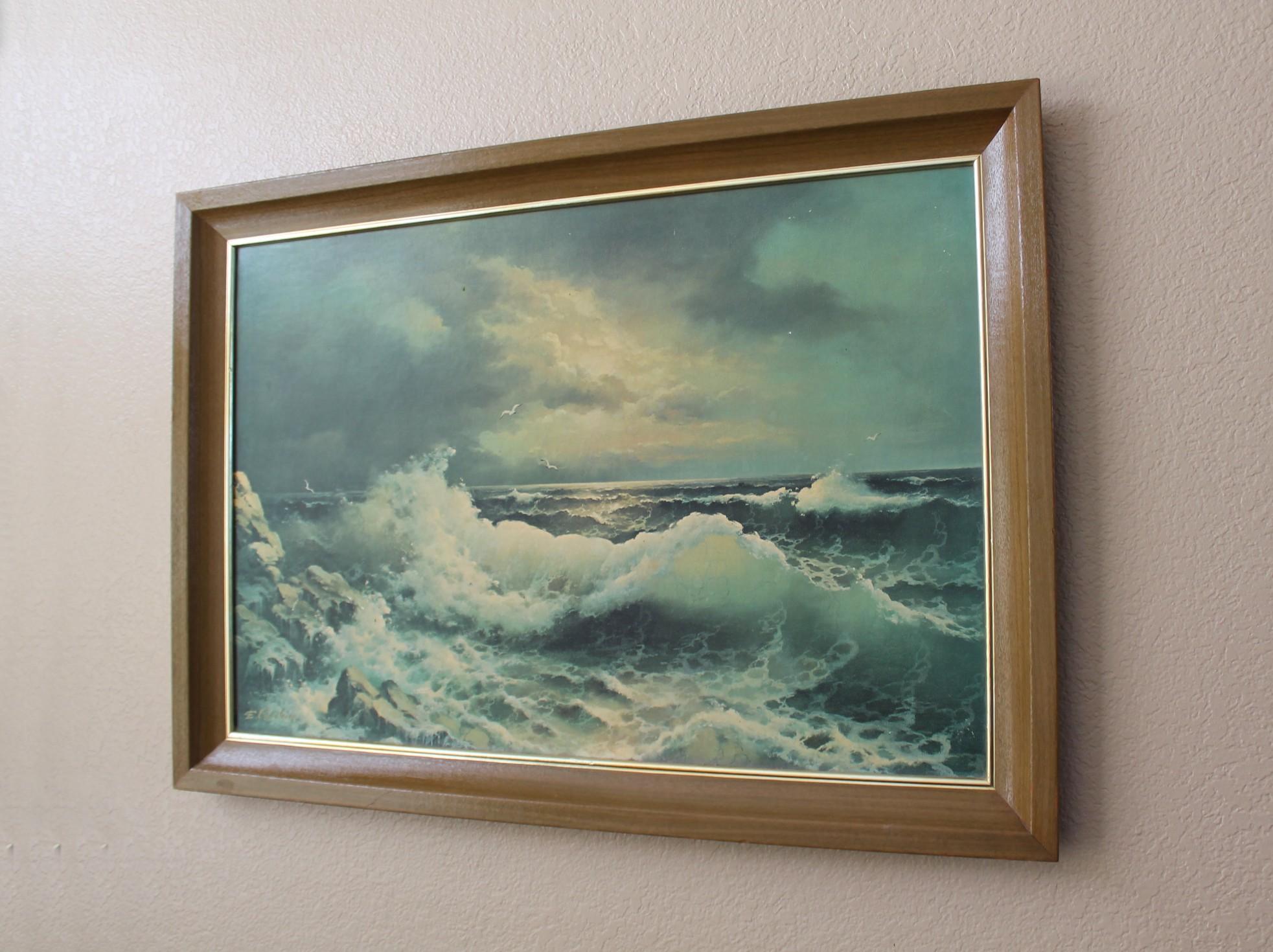 Decoración de pared enmarcada Mid Century Vintage Seascape Print Grande 41 por 29 Moderno de mediados de siglo en venta