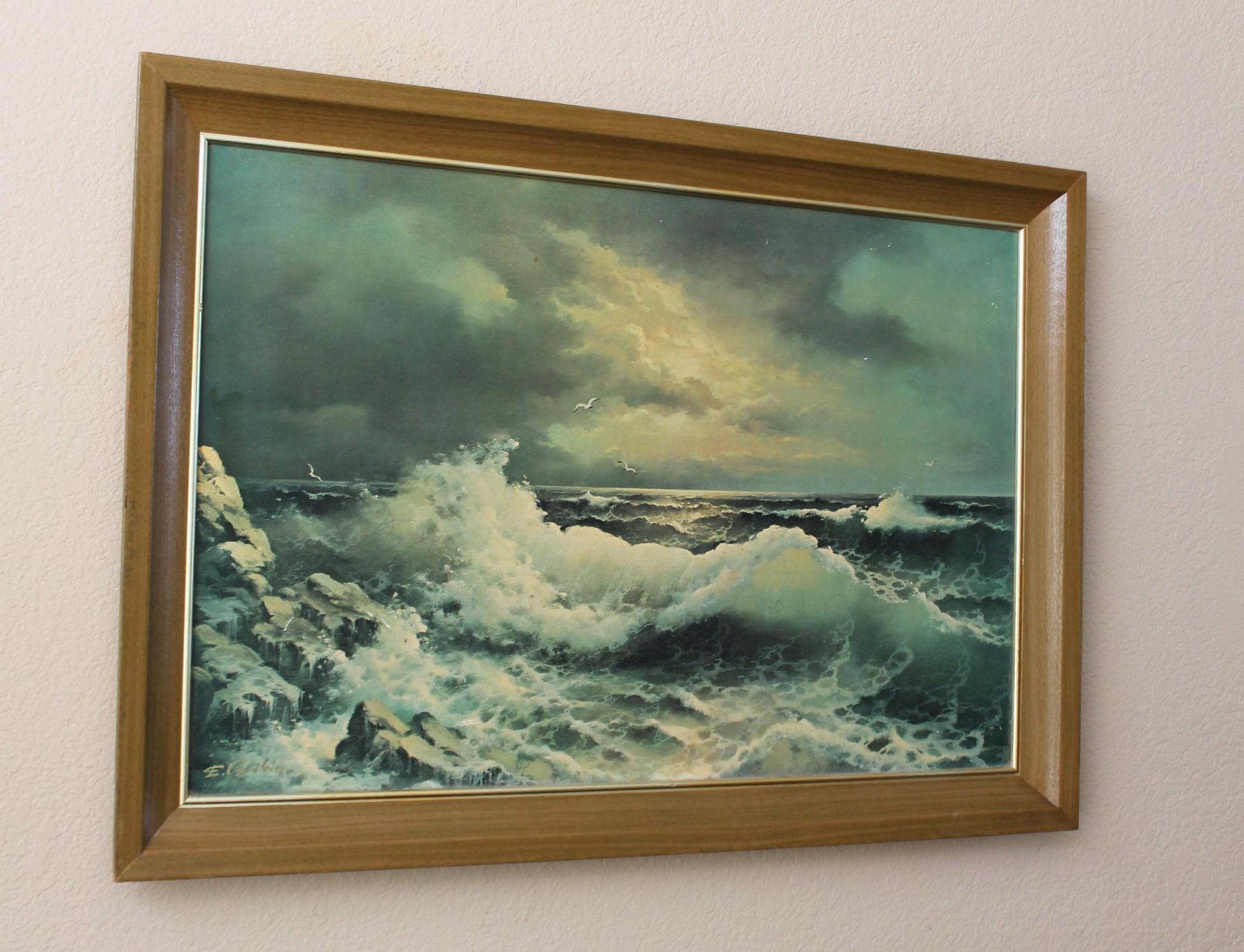 Decoración de pared enmarcada Mid Century Vintage Seascape Print Grande 41 por 29 Pintado en venta
