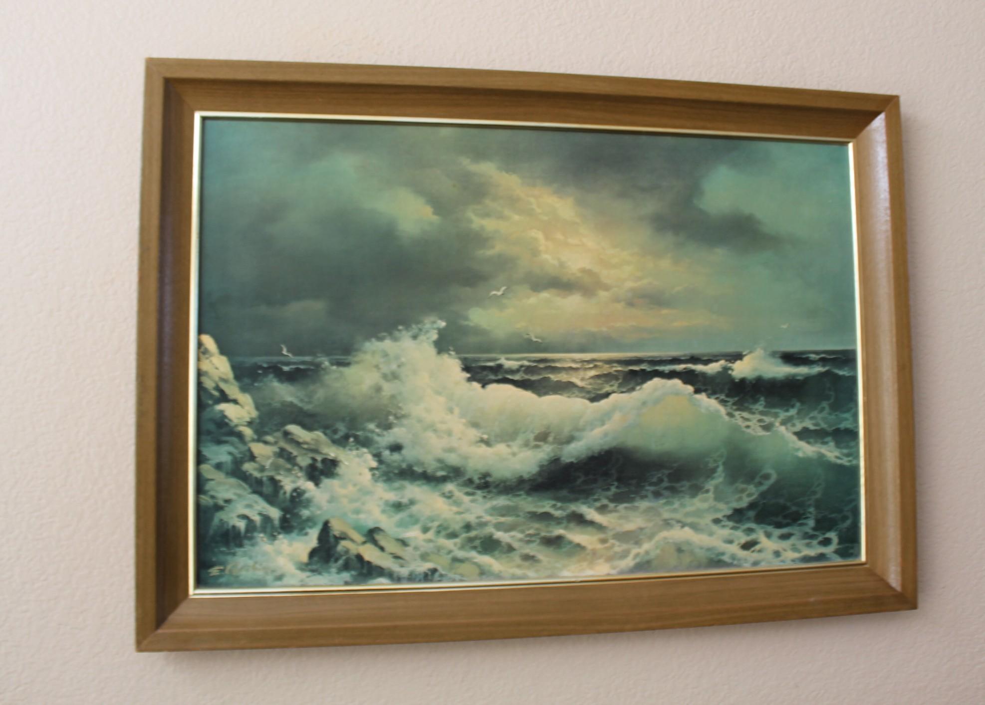 Decoración de pared enmarcada Mid Century Vintage Seascape Print Grande 41 por 29 en Bueno estado para la venta en Peoria, AZ