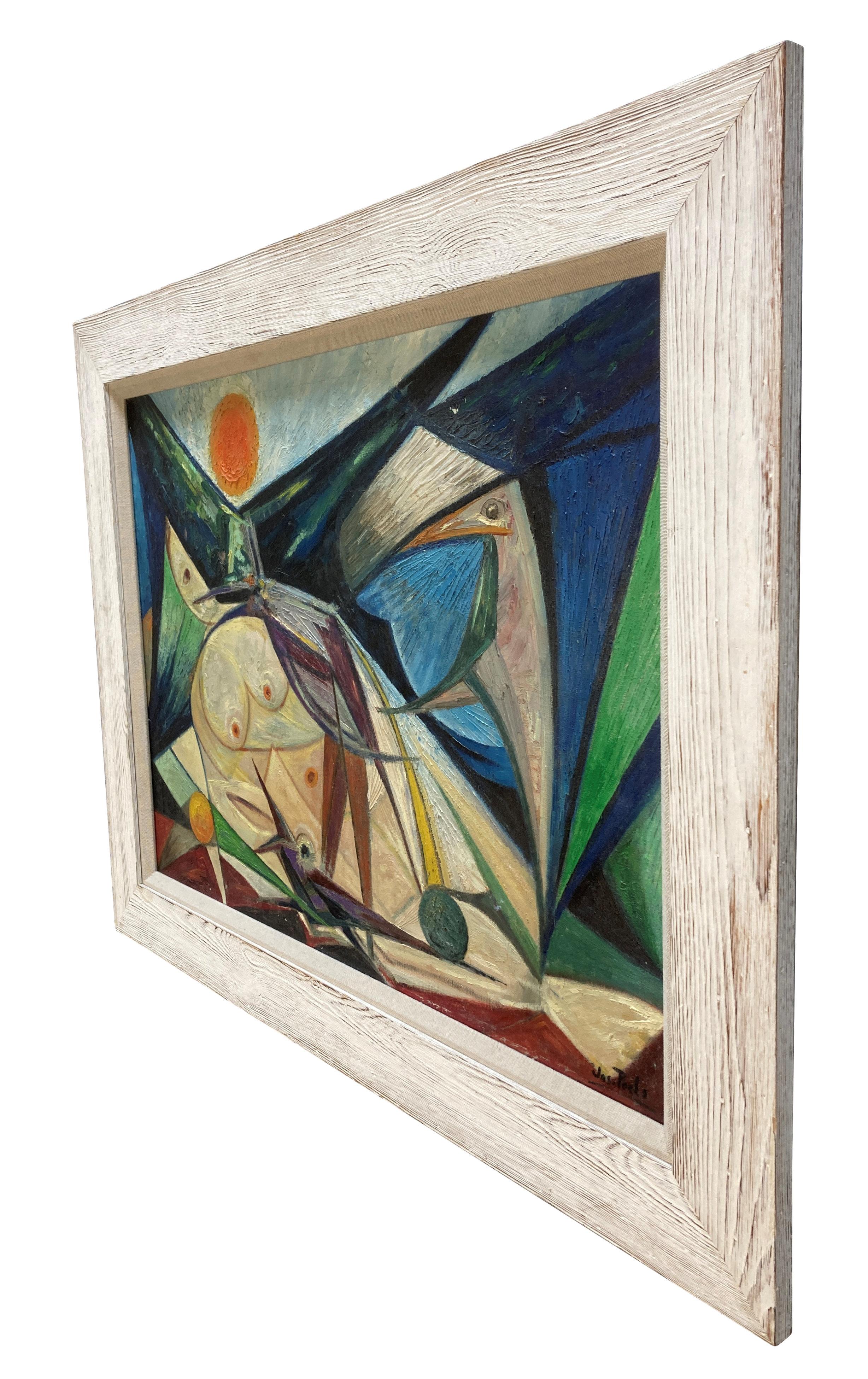 Ein holländisches gerahmtes, farbenfrohes und strukturiertes Öl auf Leinwand aus der Jahrhundertmitte, das einen liegenden weiblichen Akt mit Vögeln in der Sonne darstellt. Von Joseph Hubertus Poels (1903-1977)