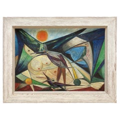 Framed Midcentury Abstract Female Nude On Canvas