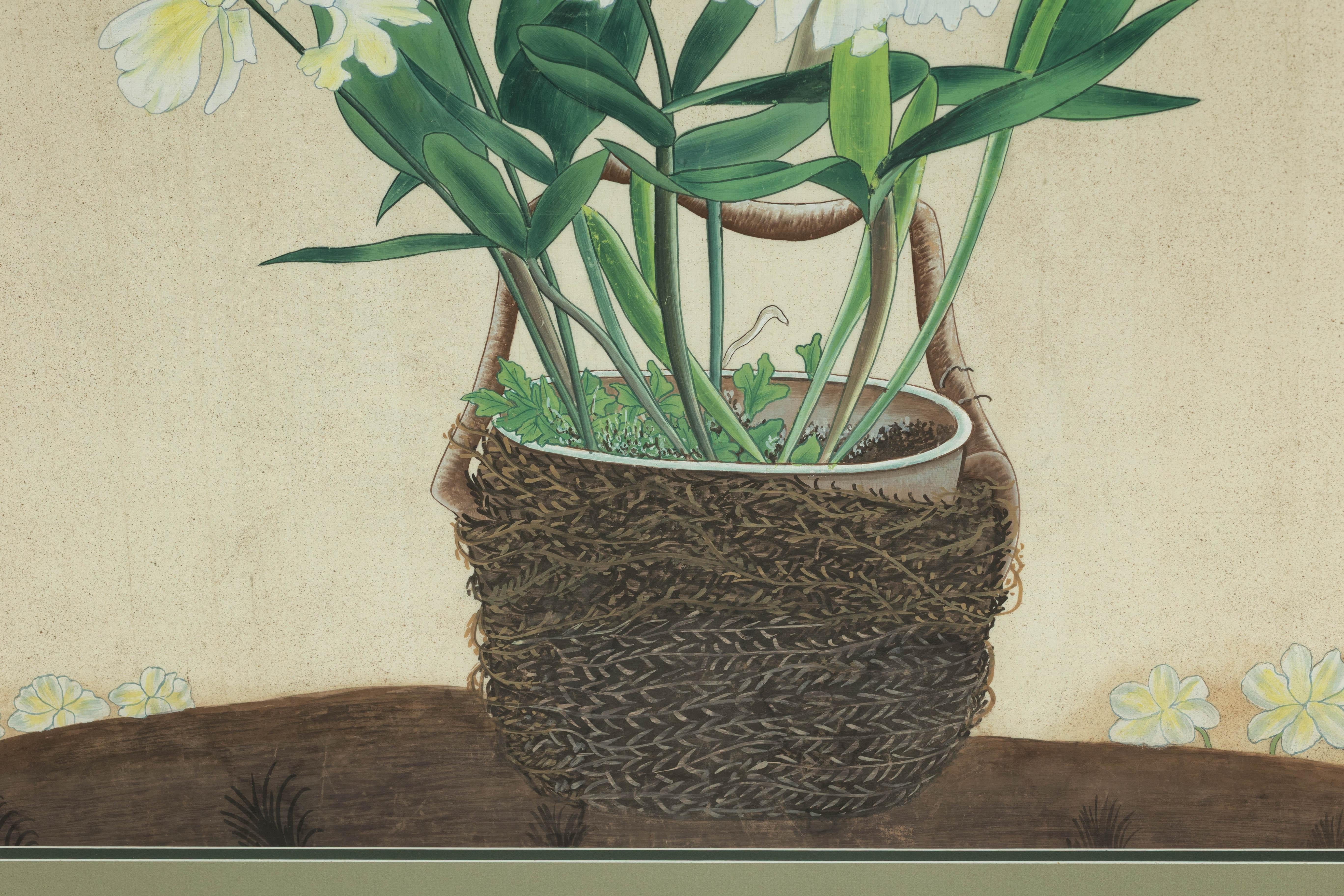 Impression botanique japonaise du milieu du siècle dernier encadrée avec feuille d'or et vert mat en vente 3