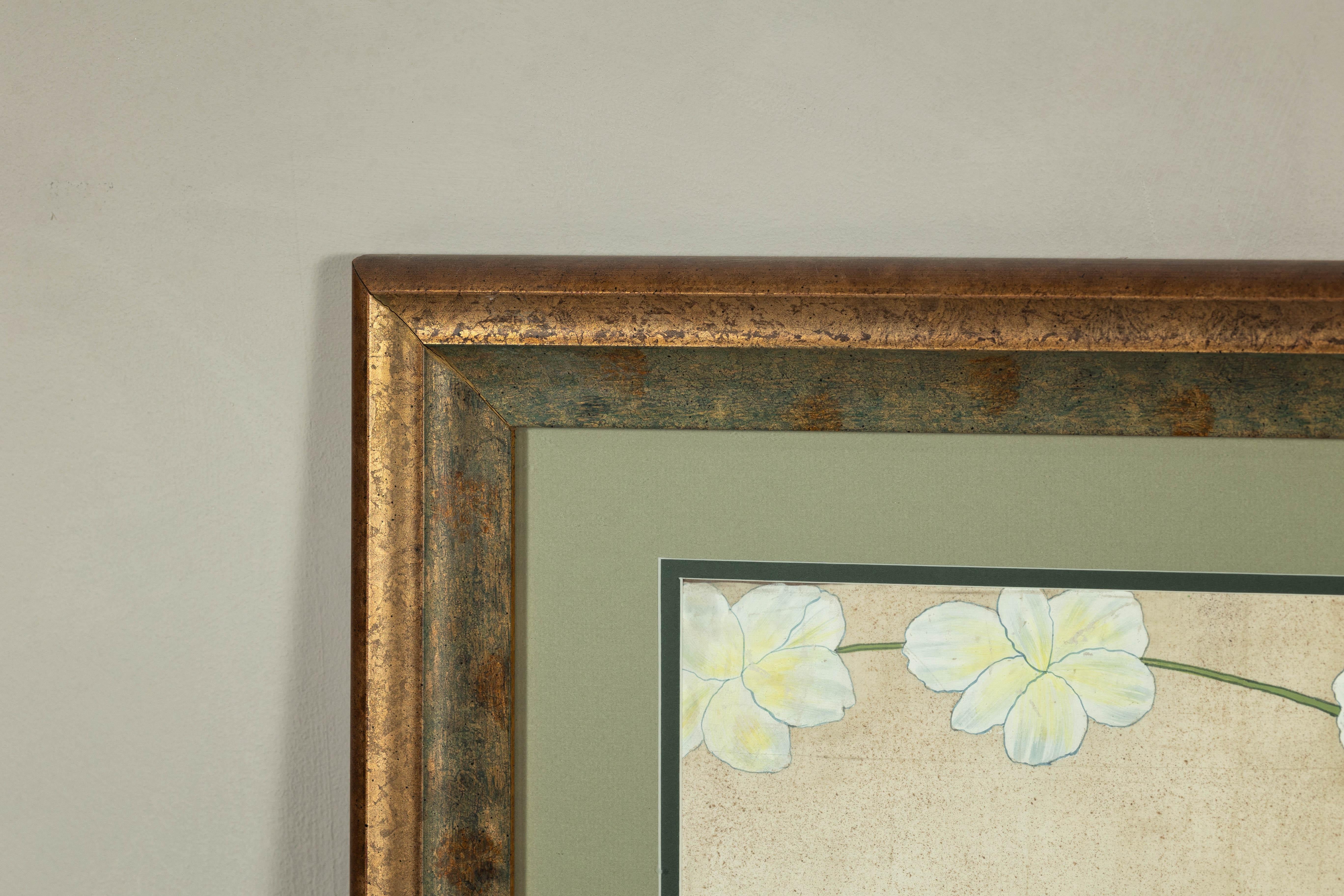 Impression botanique japonaise du milieu du siècle dernier encadrée avec feuille d'or et vert mat en vente 5