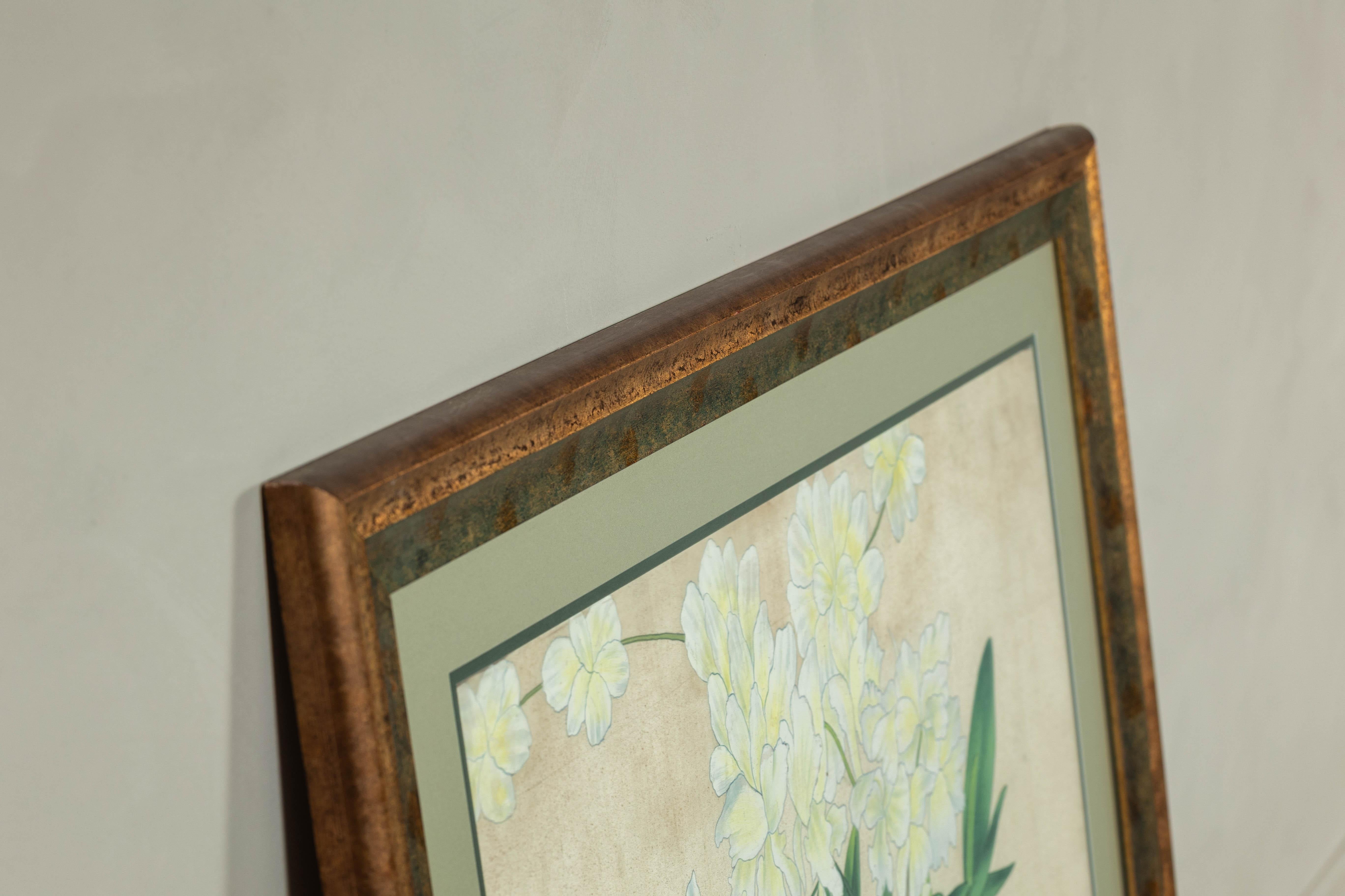 Impression botanique japonaise du milieu du siècle dernier encadrée avec feuille d'or et vert mat en vente 7