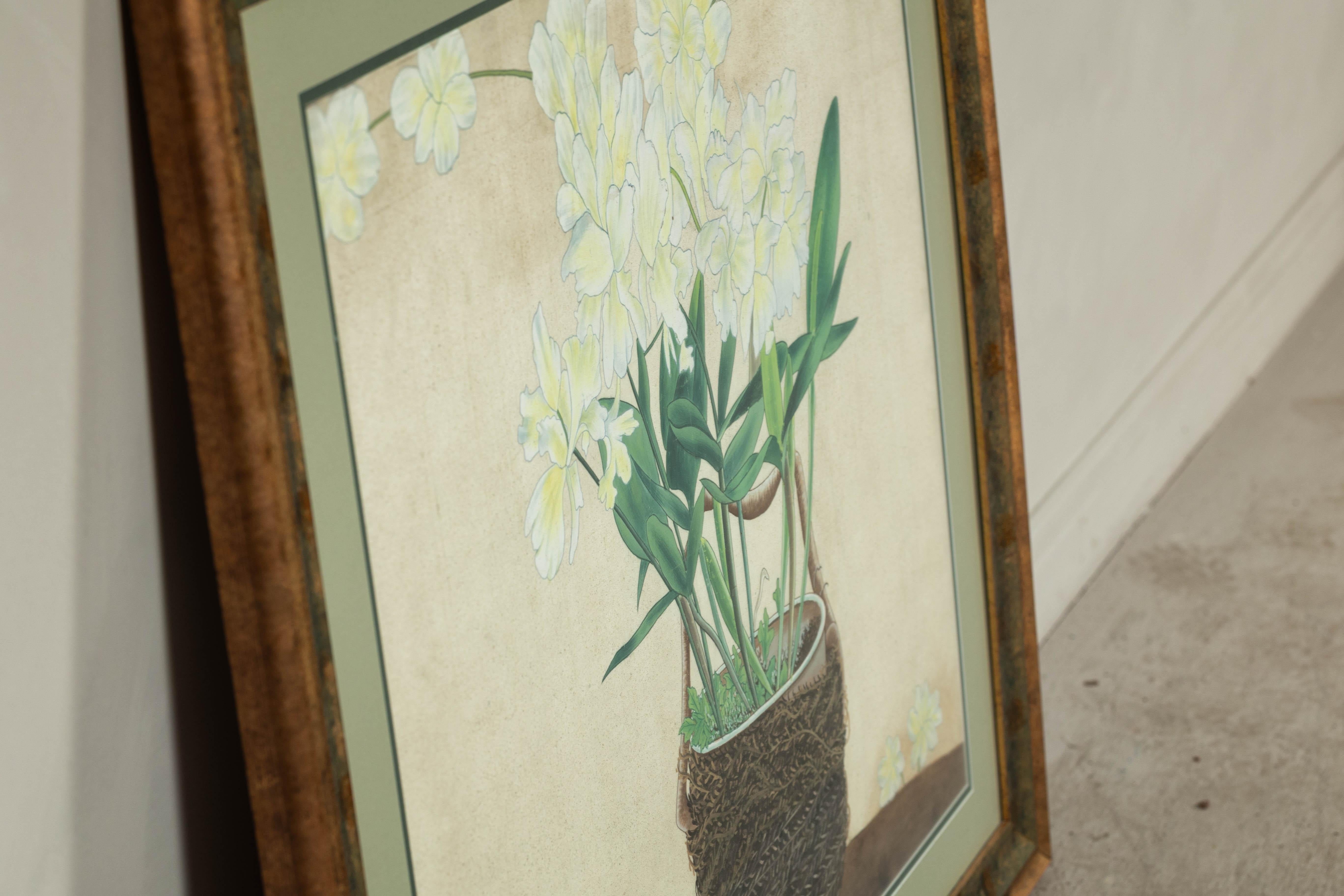 Impression botanique japonaise du milieu du siècle dernier encadrée avec feuille d'or et vert mat en vente 8