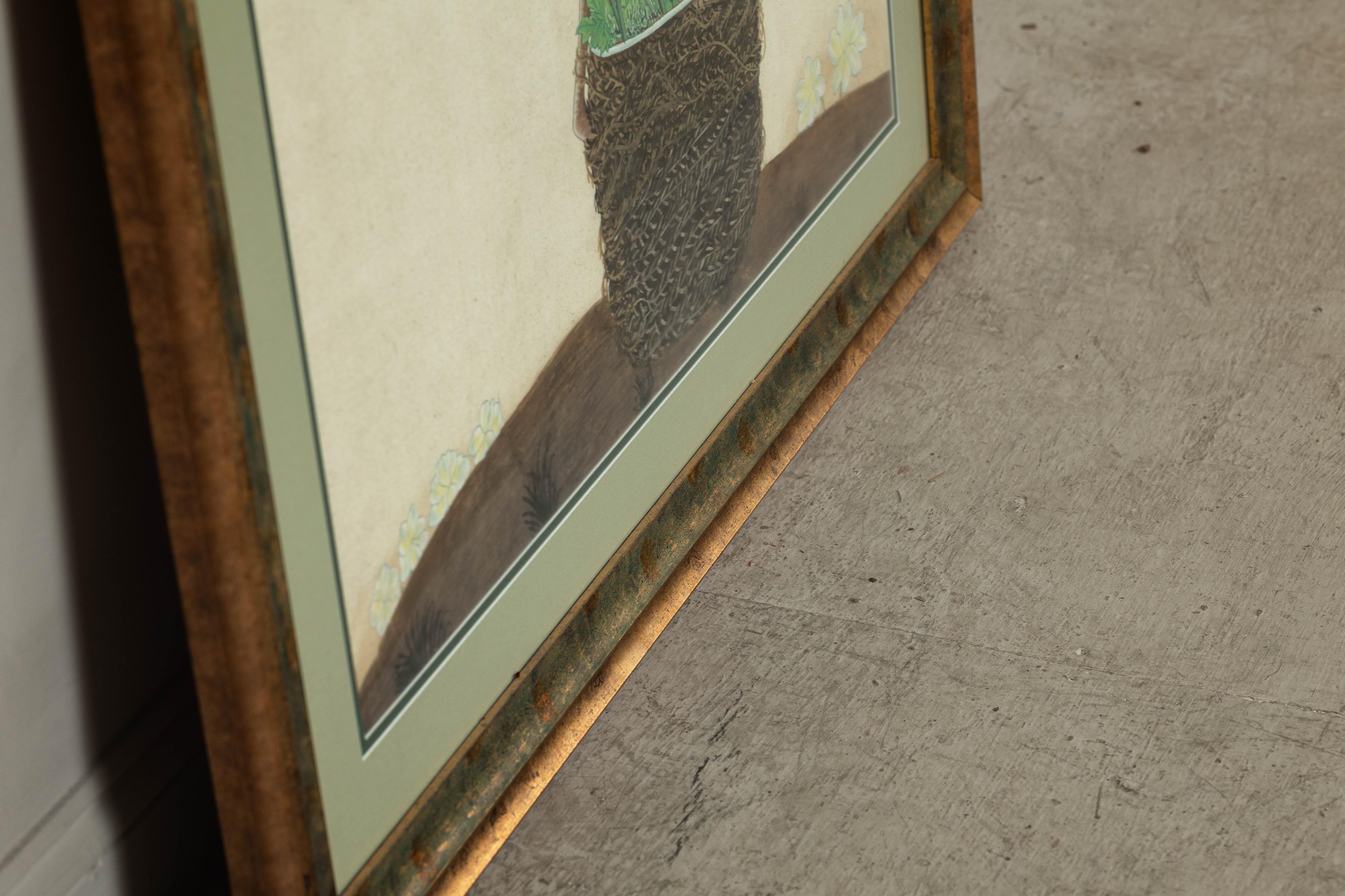 Impression botanique japonaise du milieu du siècle dernier encadrée avec feuille d'or et vert mat en vente 9