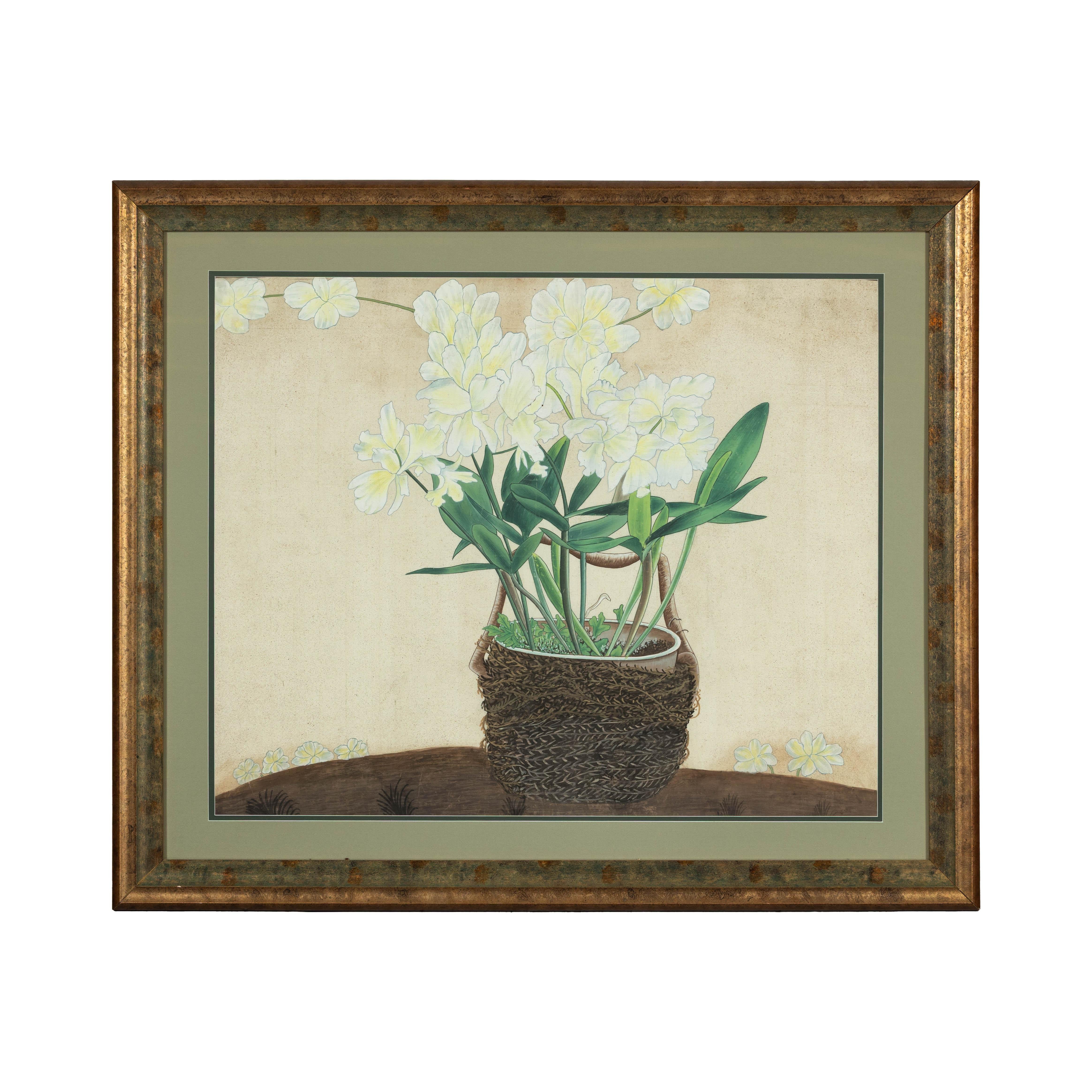 Impression botanique japonaise du milieu du siècle dernier encadrée avec feuille d'or et vert mat en vente 10