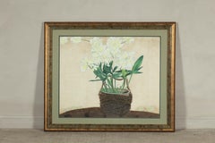 Framed Midcentury Japanese Botanical Print with Gold Leaf and Green Matte