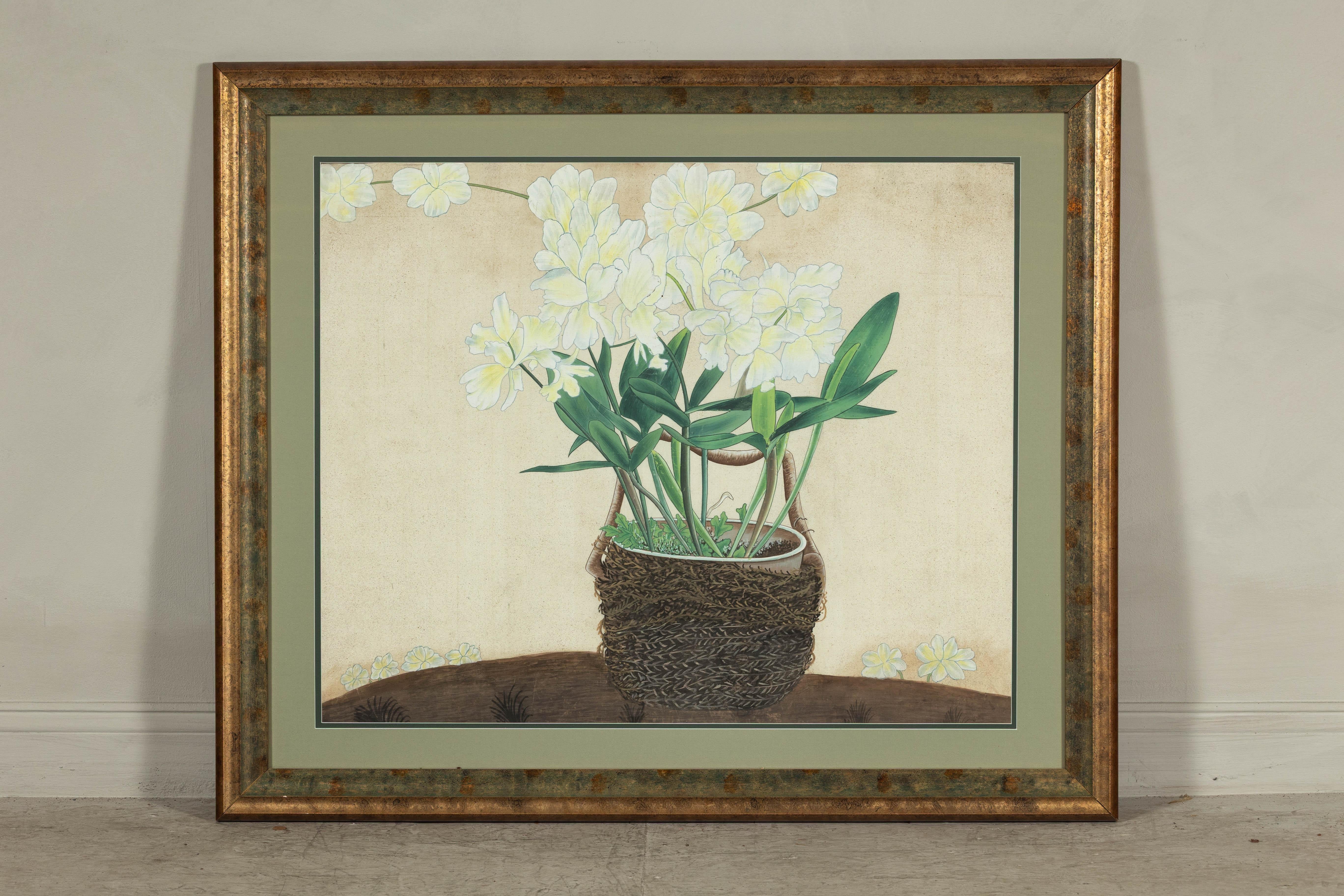 Doré Impression botanique japonaise du milieu du siècle dernier encadrée avec feuille d'or et vert mat en vente