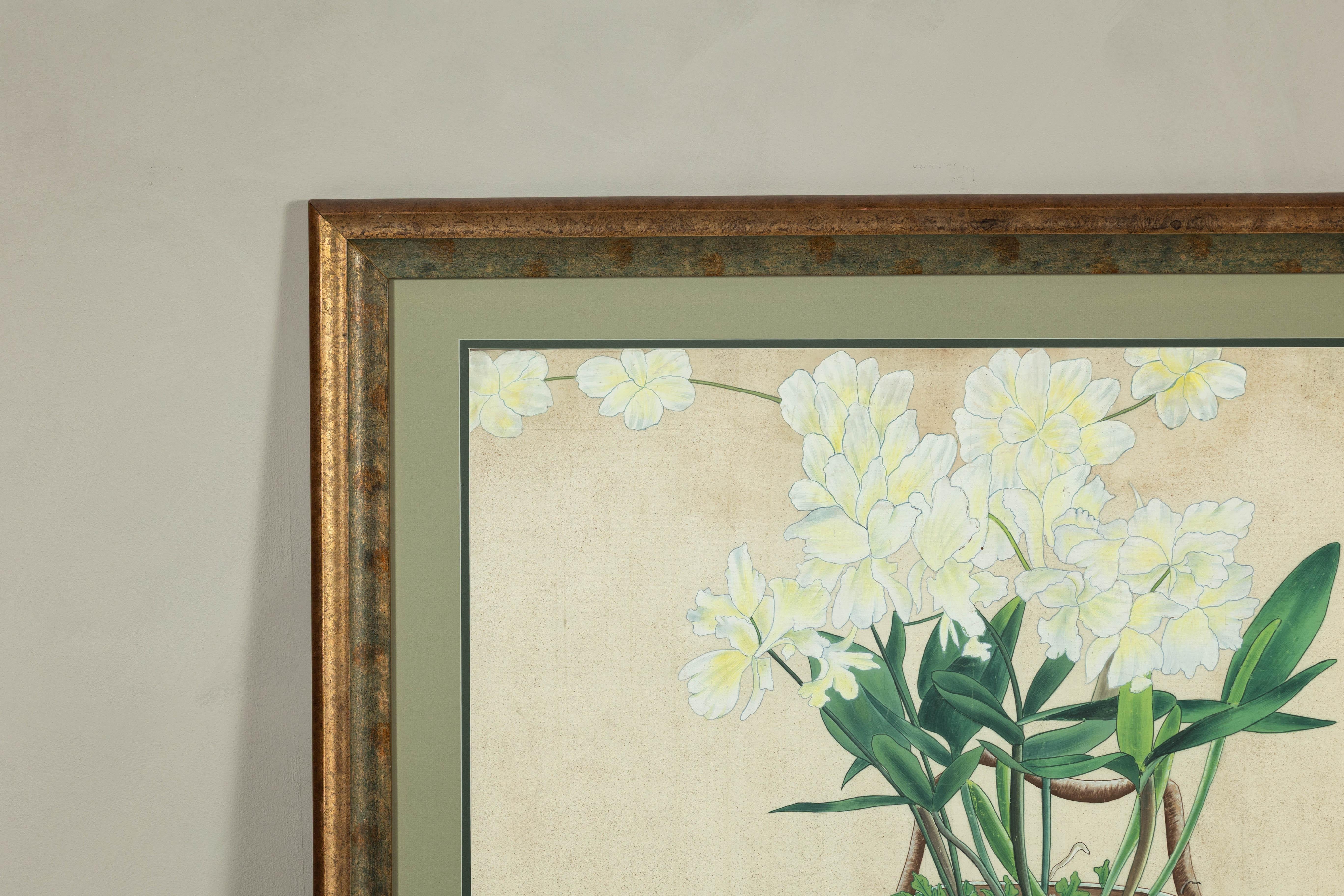 Impression botanique japonaise du milieu du siècle dernier encadrée avec feuille d'or et vert mat Bon état - En vente à Yonkers, NY