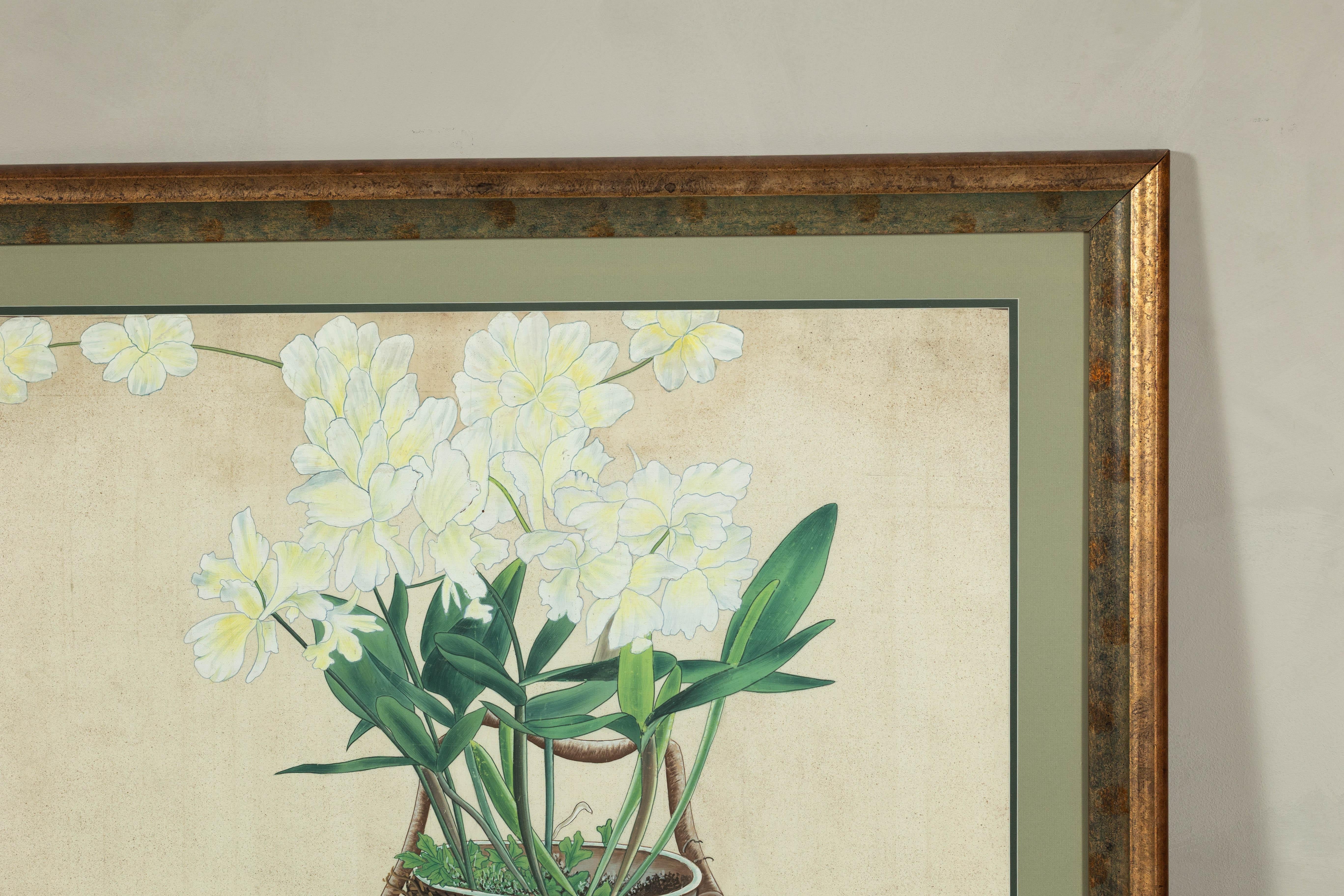 20ième siècle Impression botanique japonaise du milieu du siècle dernier encadrée avec feuille d'or et vert mat en vente