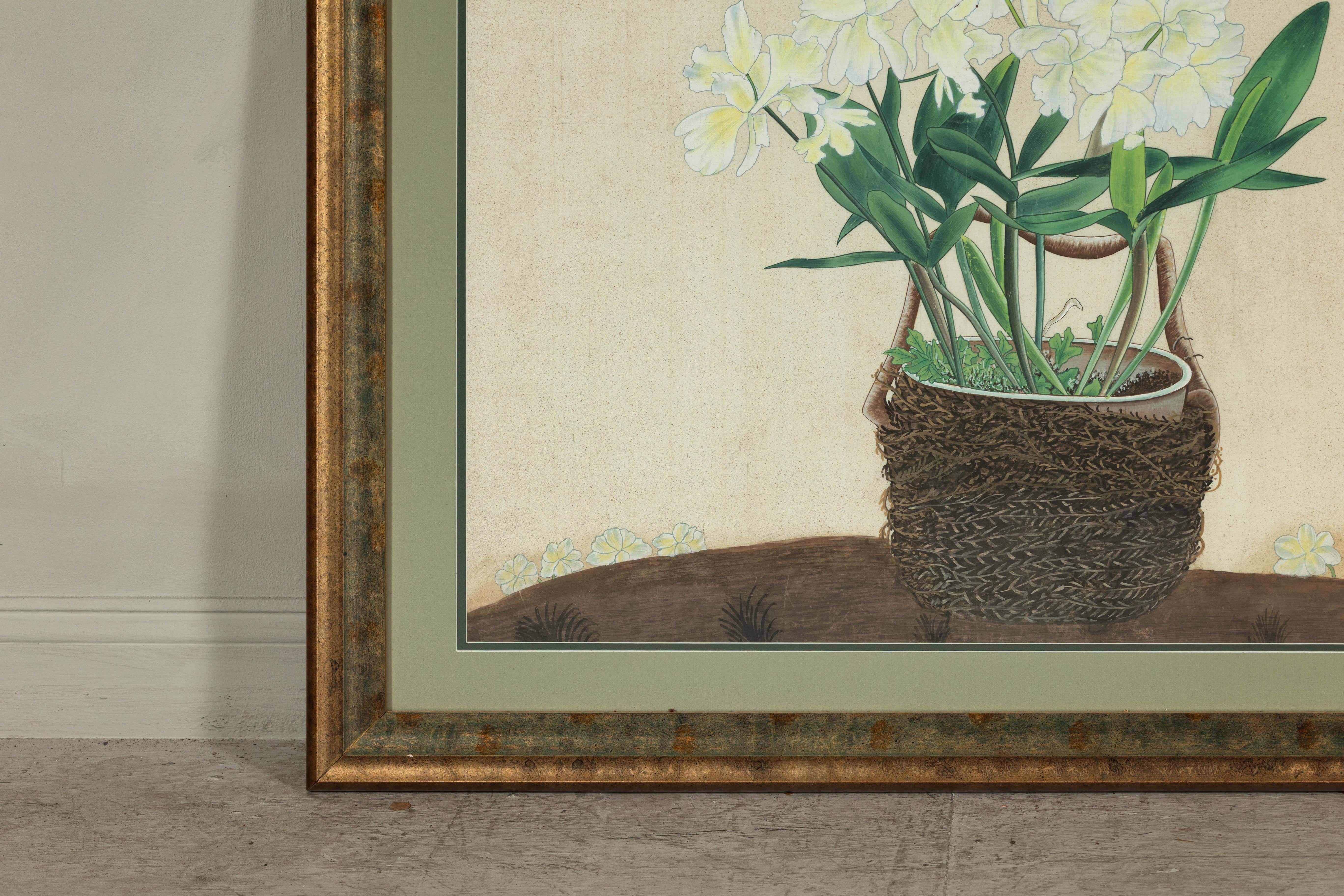 Verre Impression botanique japonaise du milieu du siècle dernier encadrée avec feuille d'or et vert mat en vente