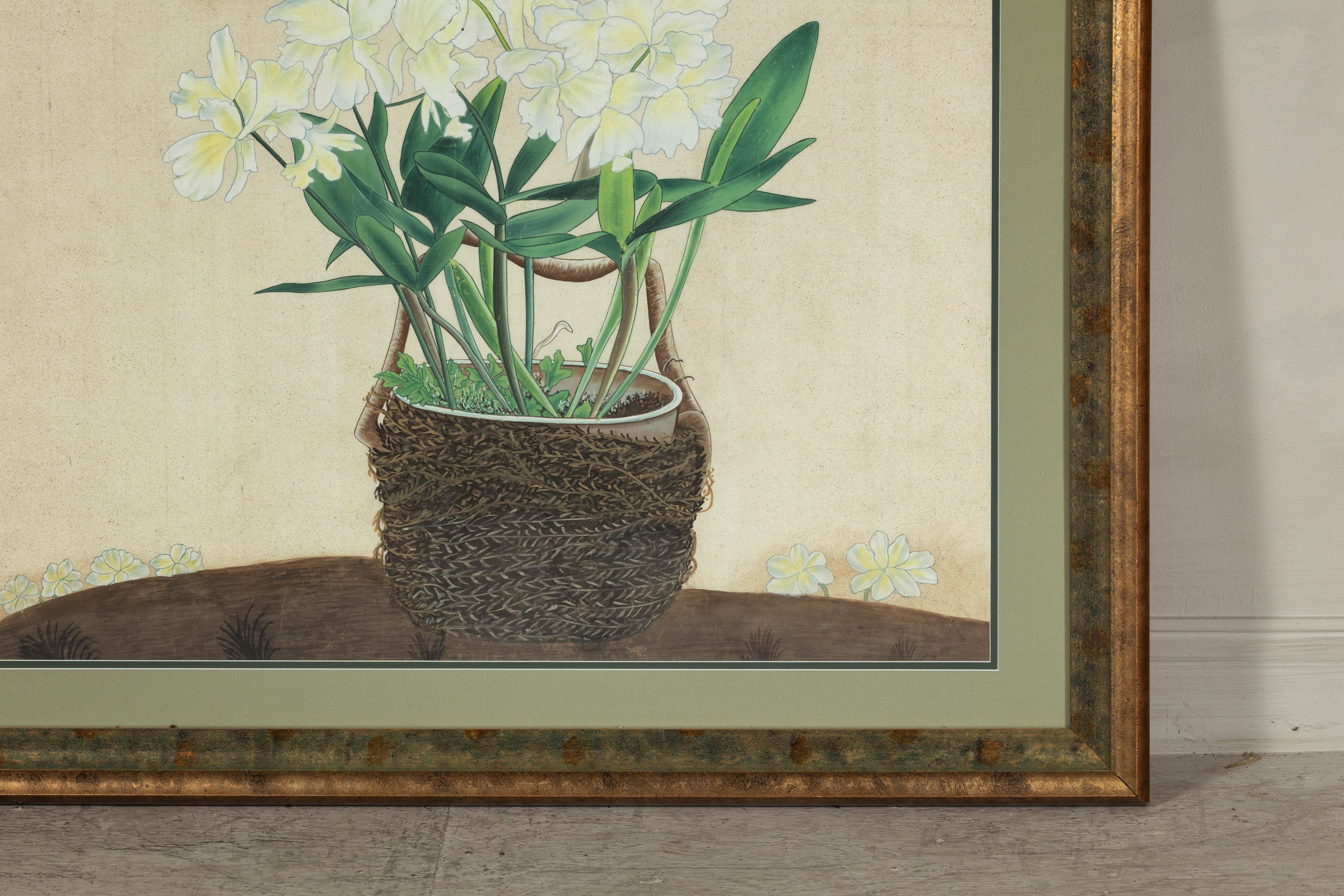 Impression botanique japonaise du milieu du siècle dernier encadrée avec feuille d'or et vert mat en vente 1