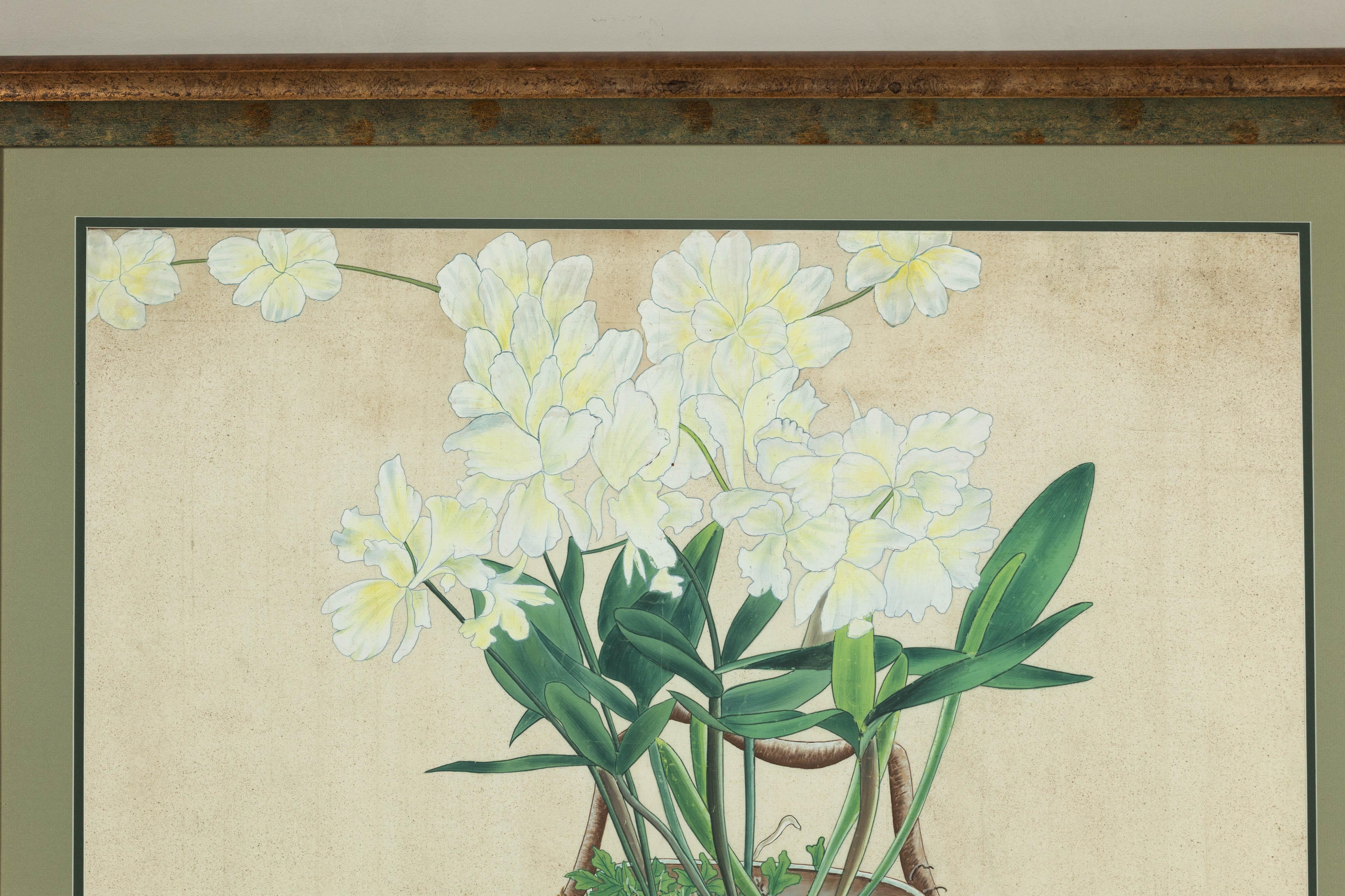 Impression botanique japonaise du milieu du siècle dernier encadrée avec feuille d'or et vert mat en vente 2
