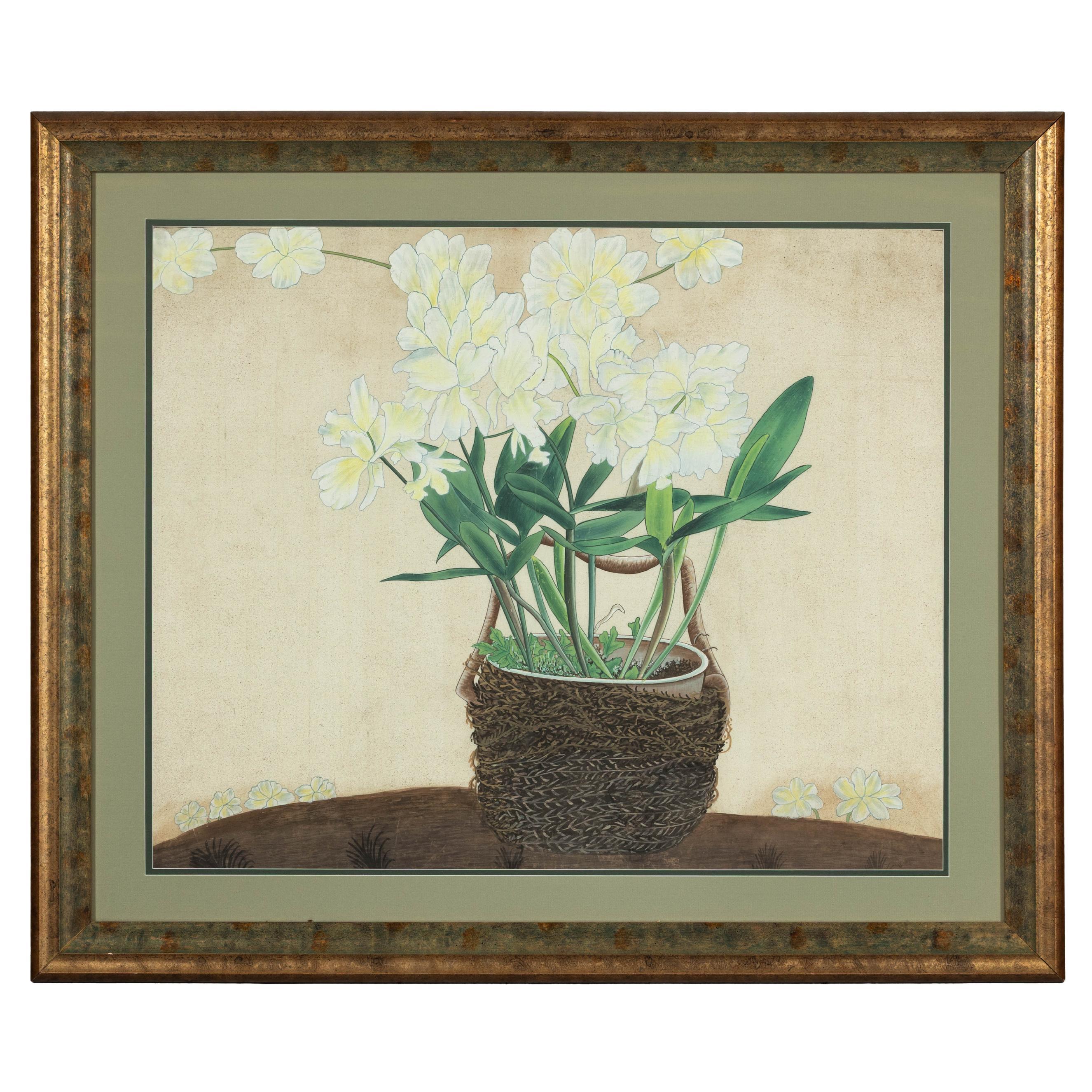 Framed Midcentury Japanese Botanical Print with Gold Leaf and Green Matte