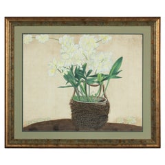 Impression botanique japonaise du milieu du siècle dernier encadrée avec feuille d'or et vert mat