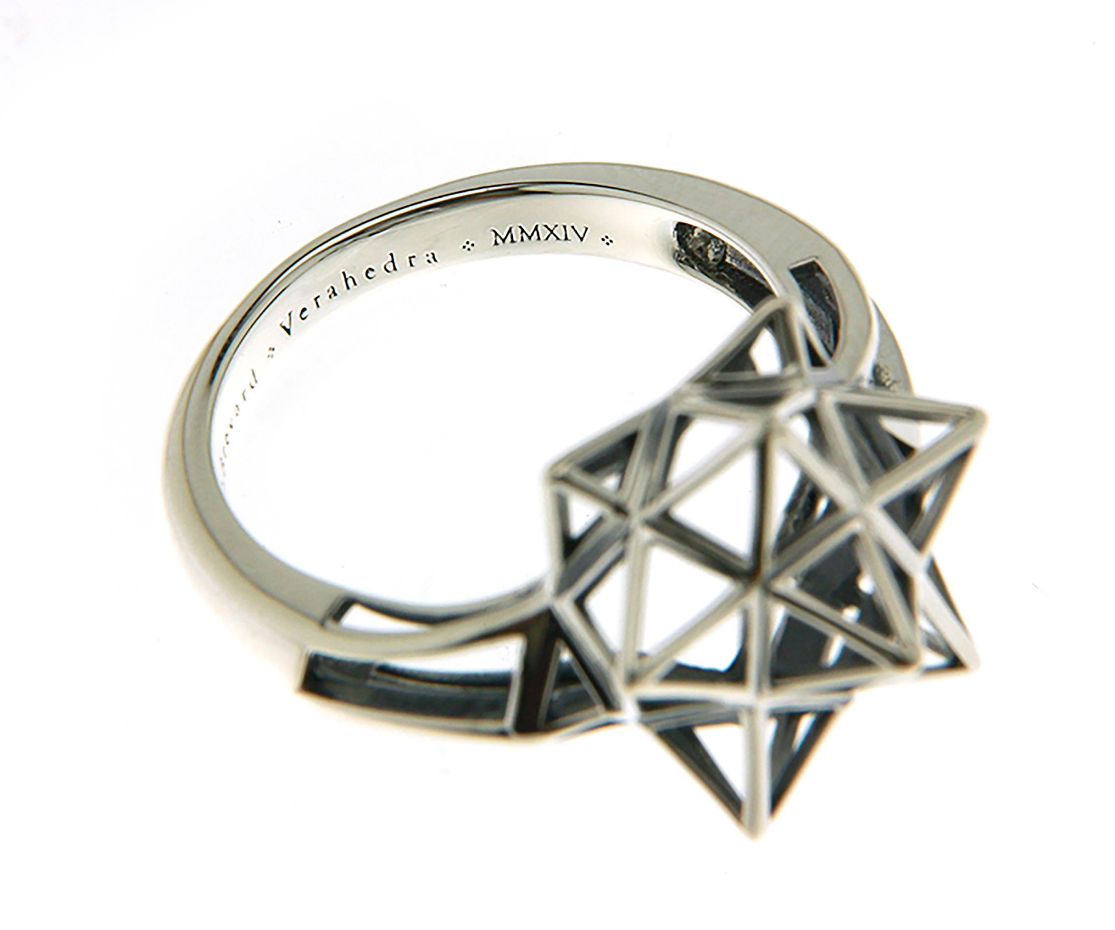 This Verahedra collection ring in sterling silver with a black sapphire at 4mm is an elegant yet casual statement.

Verahedra Collection: A series of complex, interlocking geometries reminiscent of Euclidean geometries and ancient architecture from