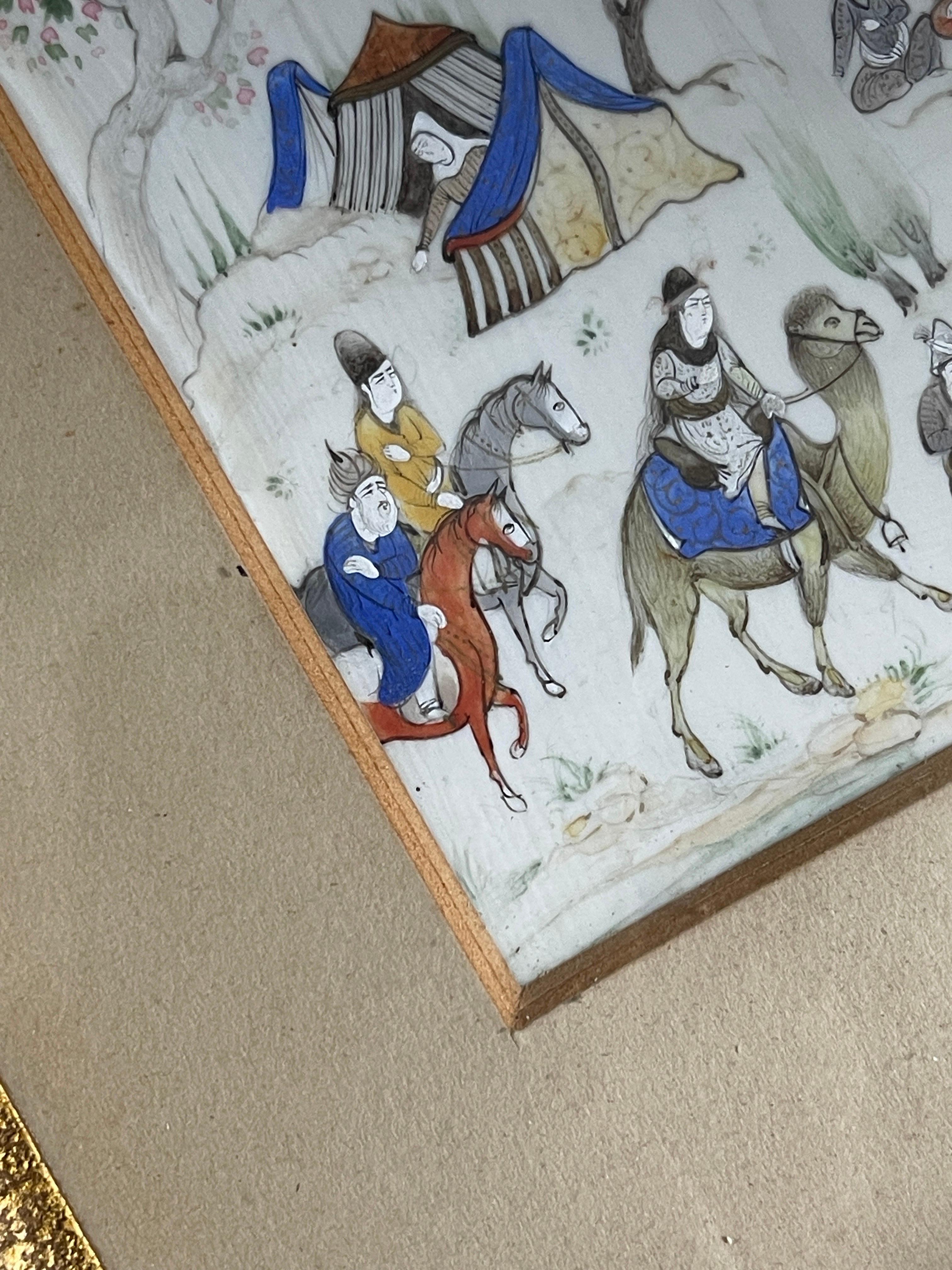 Asiatique occidental Peinture miniature encadrée Scène de camp royal Style Qajar Illustration peinte à la main en vente