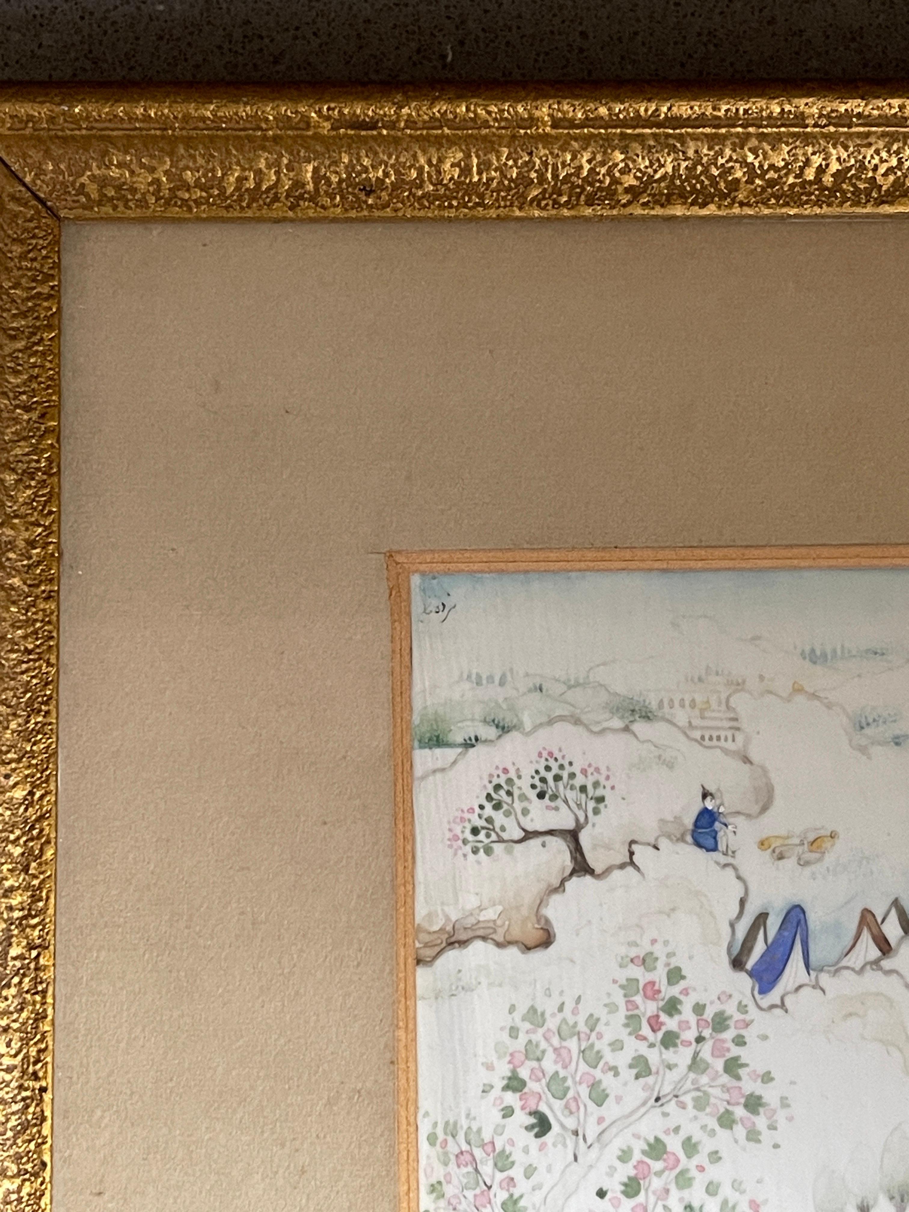 Fait main Peinture miniature encadrée Scène de camp royal Style Qajar Illustration peinte à la main en vente