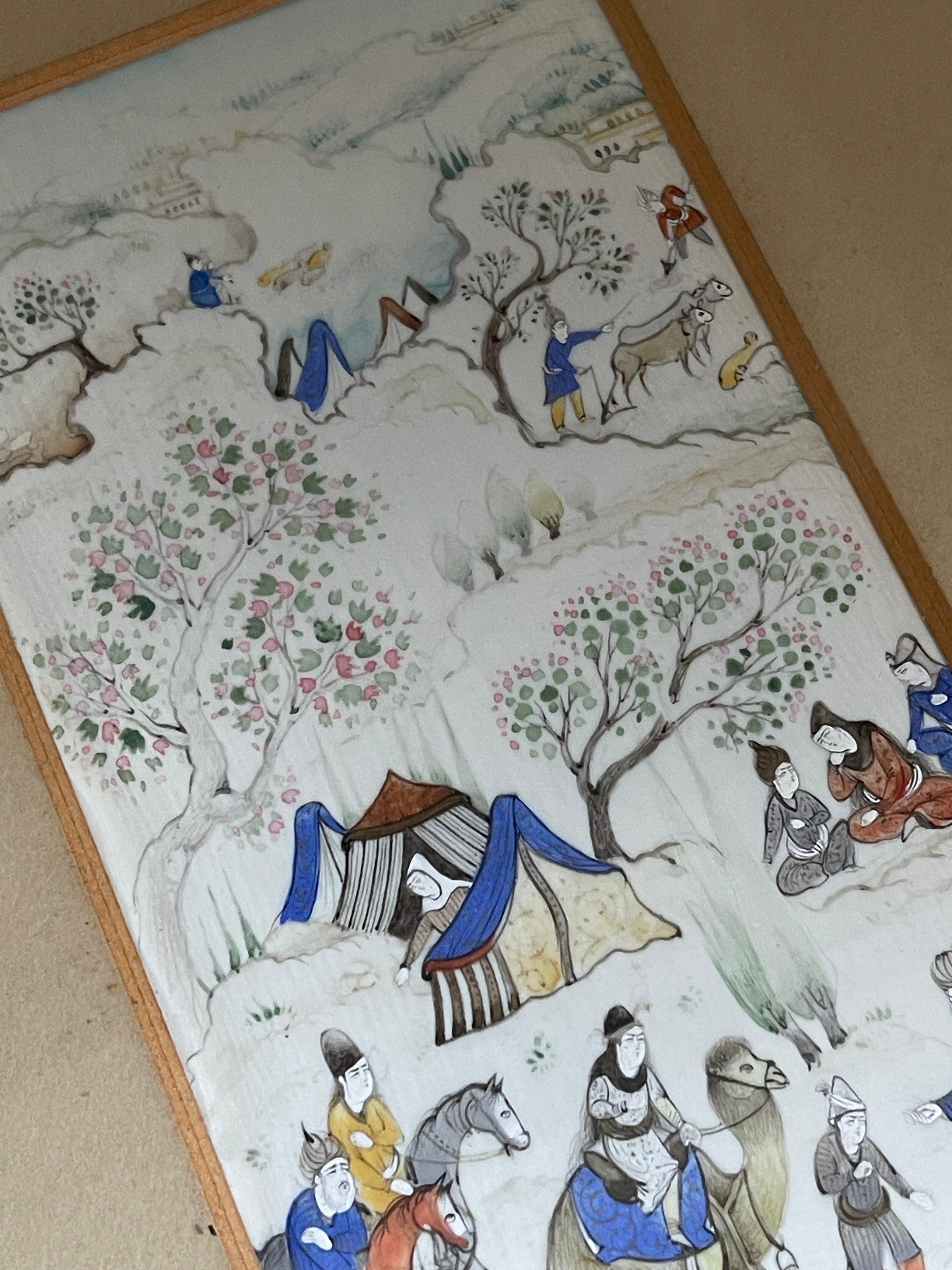 Peinture miniature encadrée Scène de camp royal Style Qajar Illustration peinte à la main Excellent état - En vente à Wembley, GB
