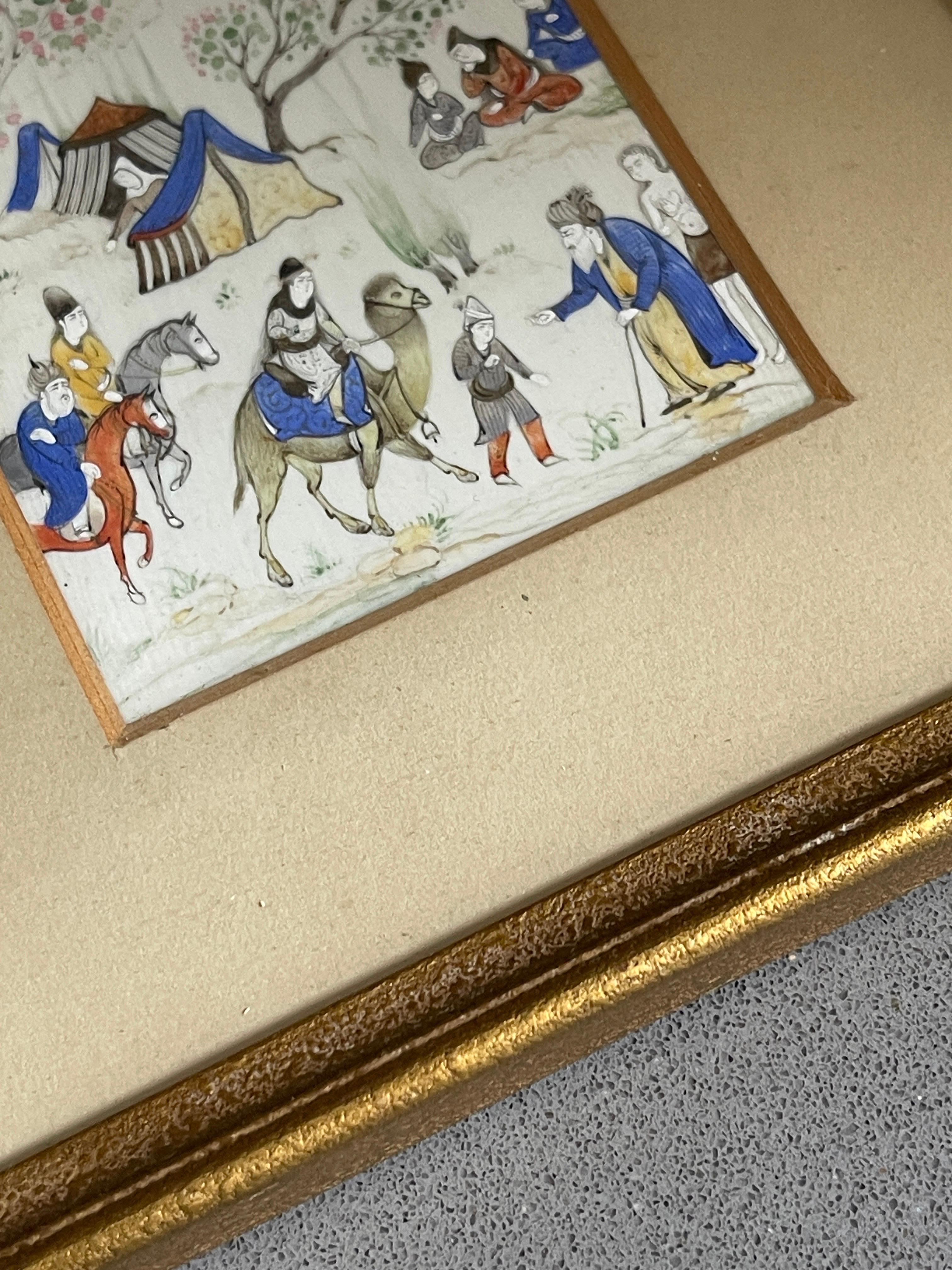 Toile Peinture miniature encadrée Scène de camp royal Style Qajar Illustration peinte à la main en vente