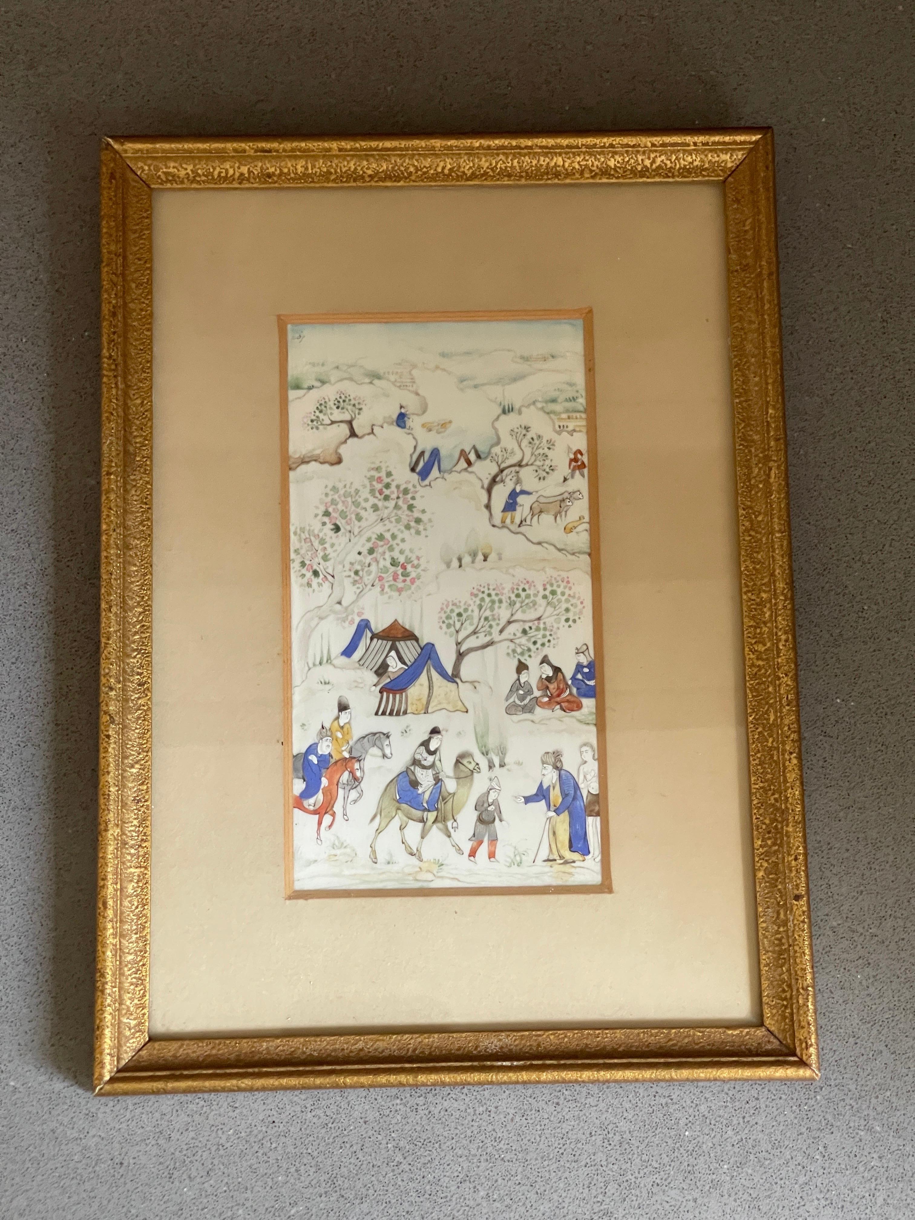 Peinture miniature encadrée Scène de camp royal Style Qajar Illustration peinte à la main en vente 1