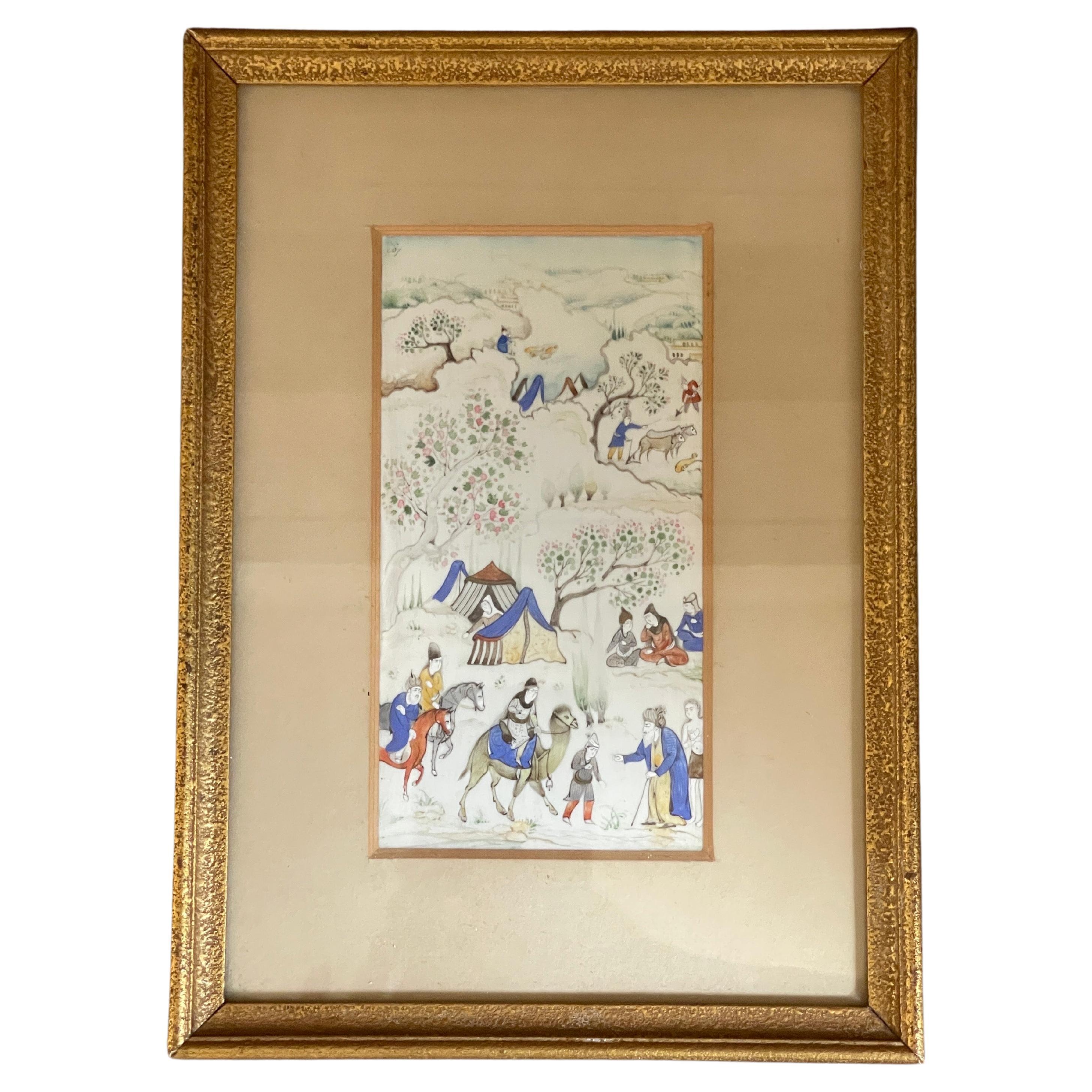Miniatura incorniciata con scena di accampamento reale in stile Qajar, illustrazione dipinta a mano
