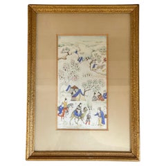 Miniatura incorniciata con scena di accampamento reale in stile Qajar, illustrazione dipinta a mano