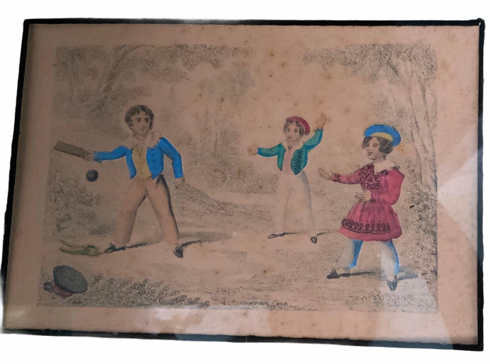 This a miniature watercolor painting of two boys with different shades of blue jackets and a girl with a red dress & blue navy hat playing a Cricket game in a landscape with some trees. Also, the younger boy has a red navy hat. The other boy’s black