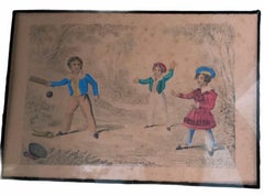 Framed Miniature Watercolor Painting of Children Playing Cricket