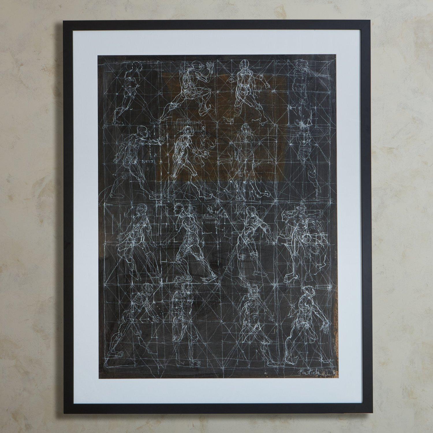A contemporary abstract mixed media drawing on paper by Italian artist Giancarlo Mustich. This piece was professionally framed in a black wood frame with a white mat. Signed lower right. Sourced in Italy.