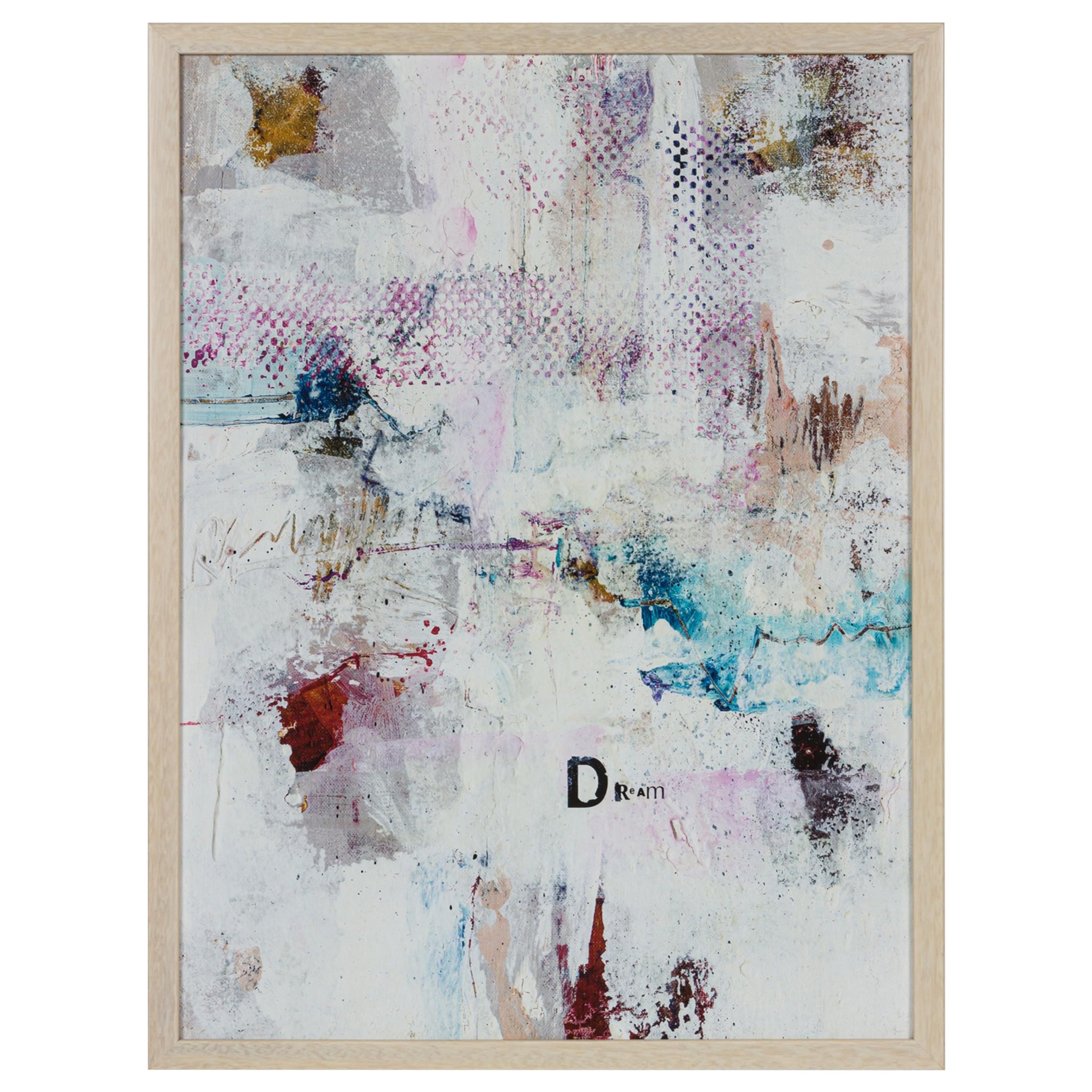 Stampa mista incorniciata di forme e testi colorati su uno sfondo beige