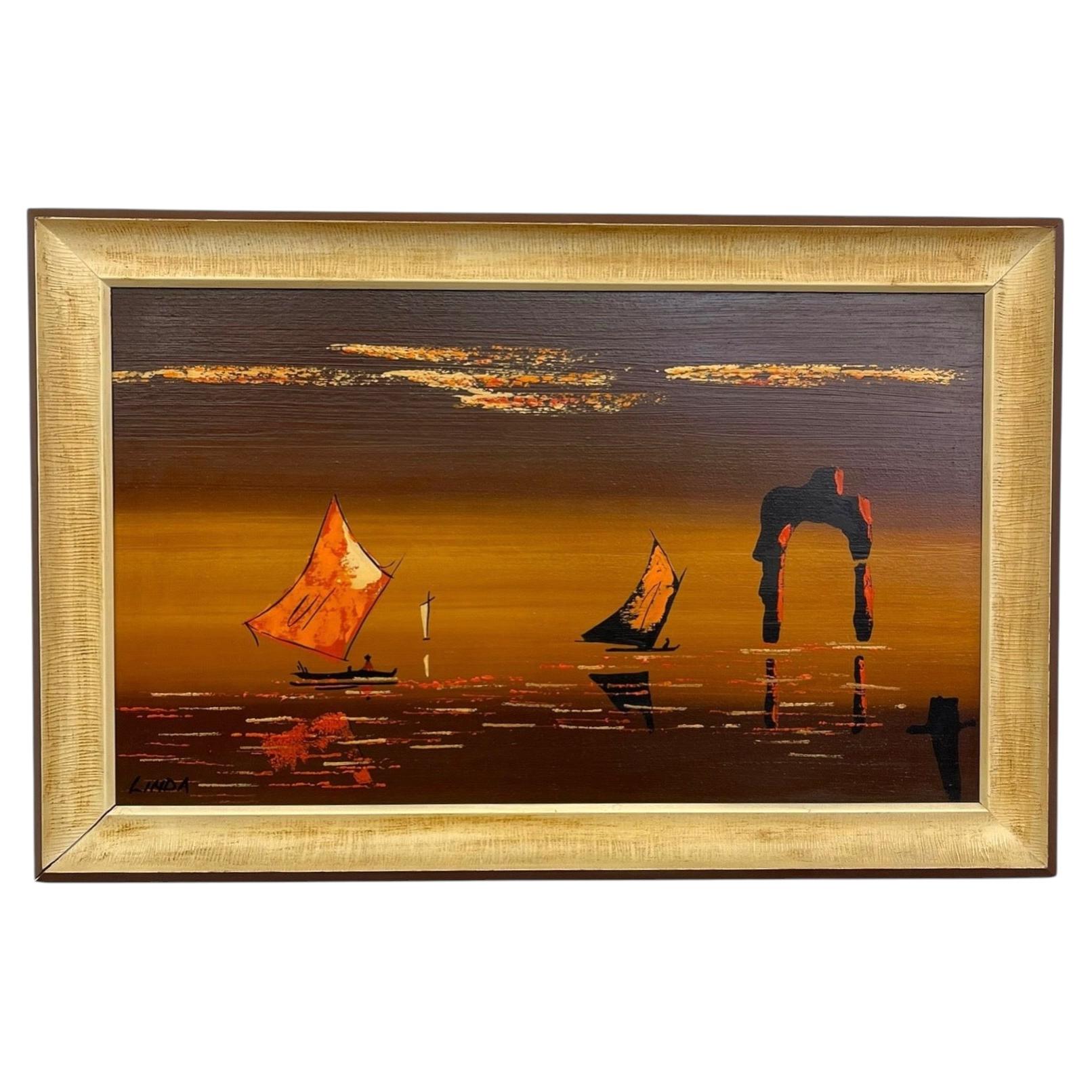 Framed Modern Coastal Sailboat Landscape Painting Signed "Linda"