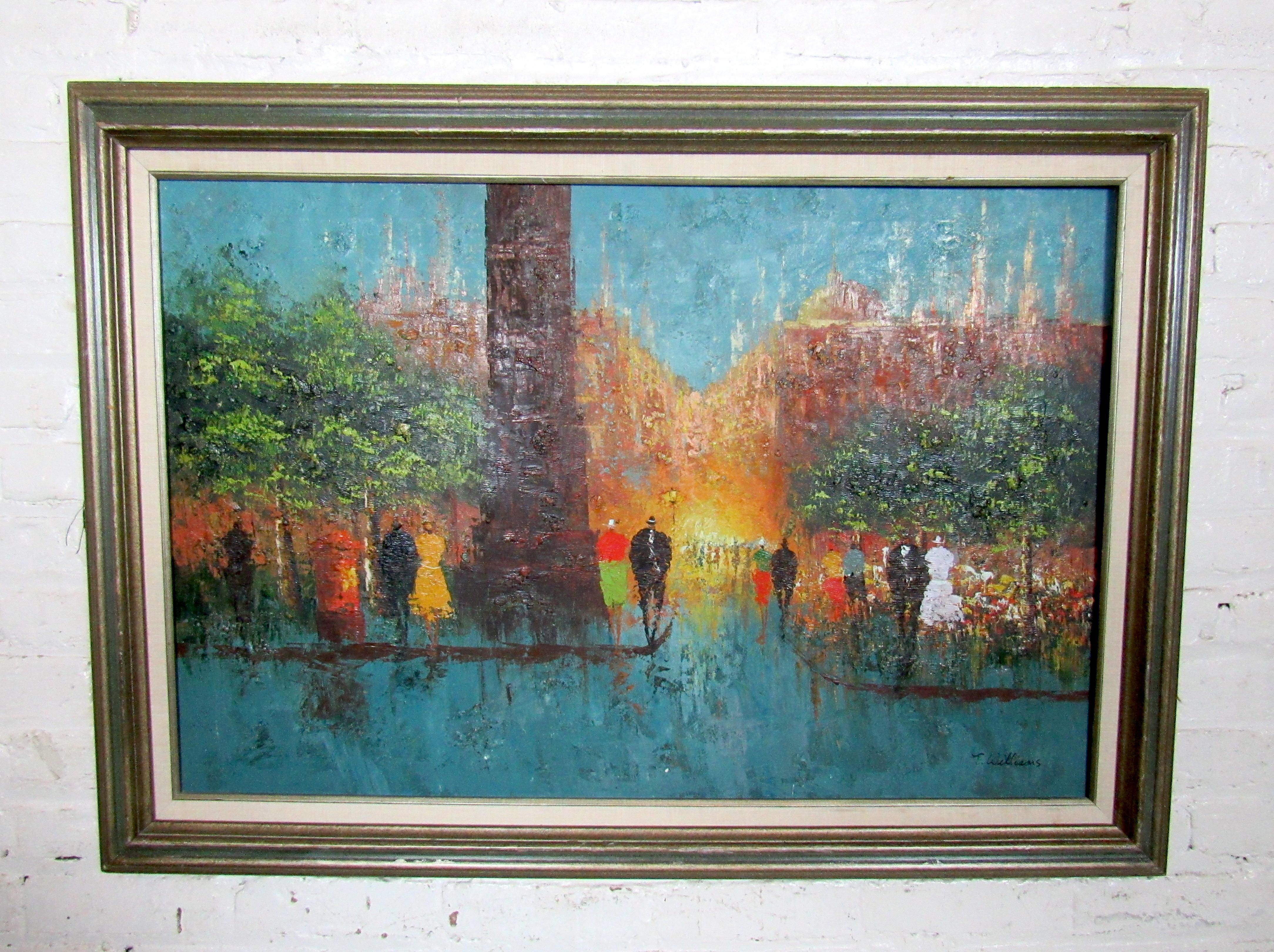 Sleek vintage modern painting in a sculpted wooden frame featuring a variety of bright colors used to paint an outside scenery, by T. Williams.

(Please confirm item location - NY or NJ - with dealer).