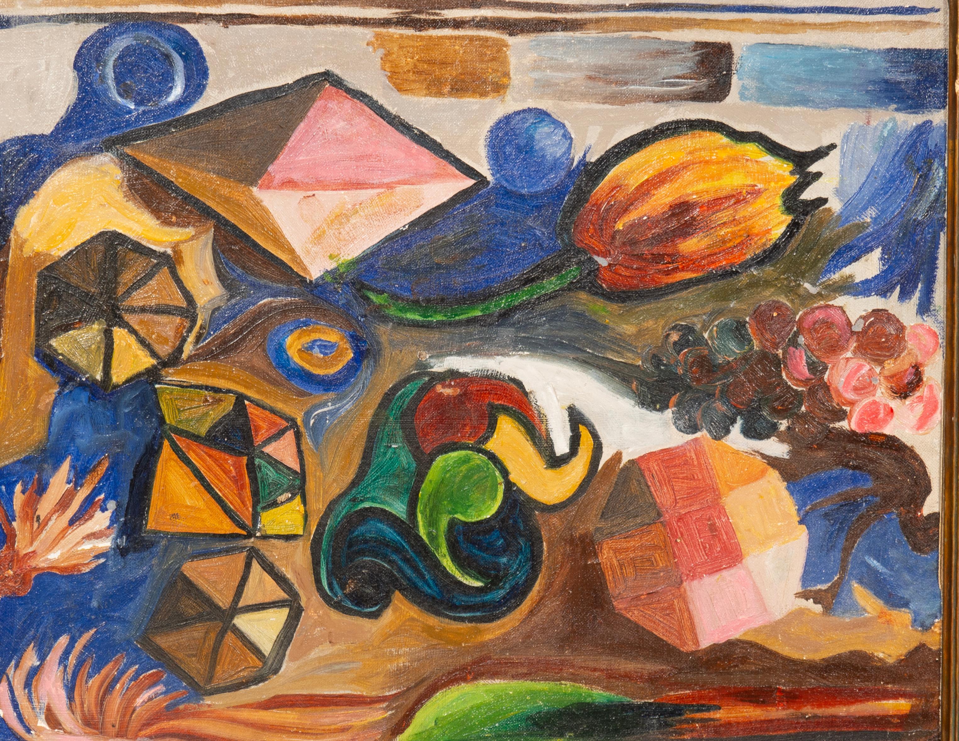 Dipinto su tavola d'artista. Natura morta astratta in una cornice di artigianato artistico.
