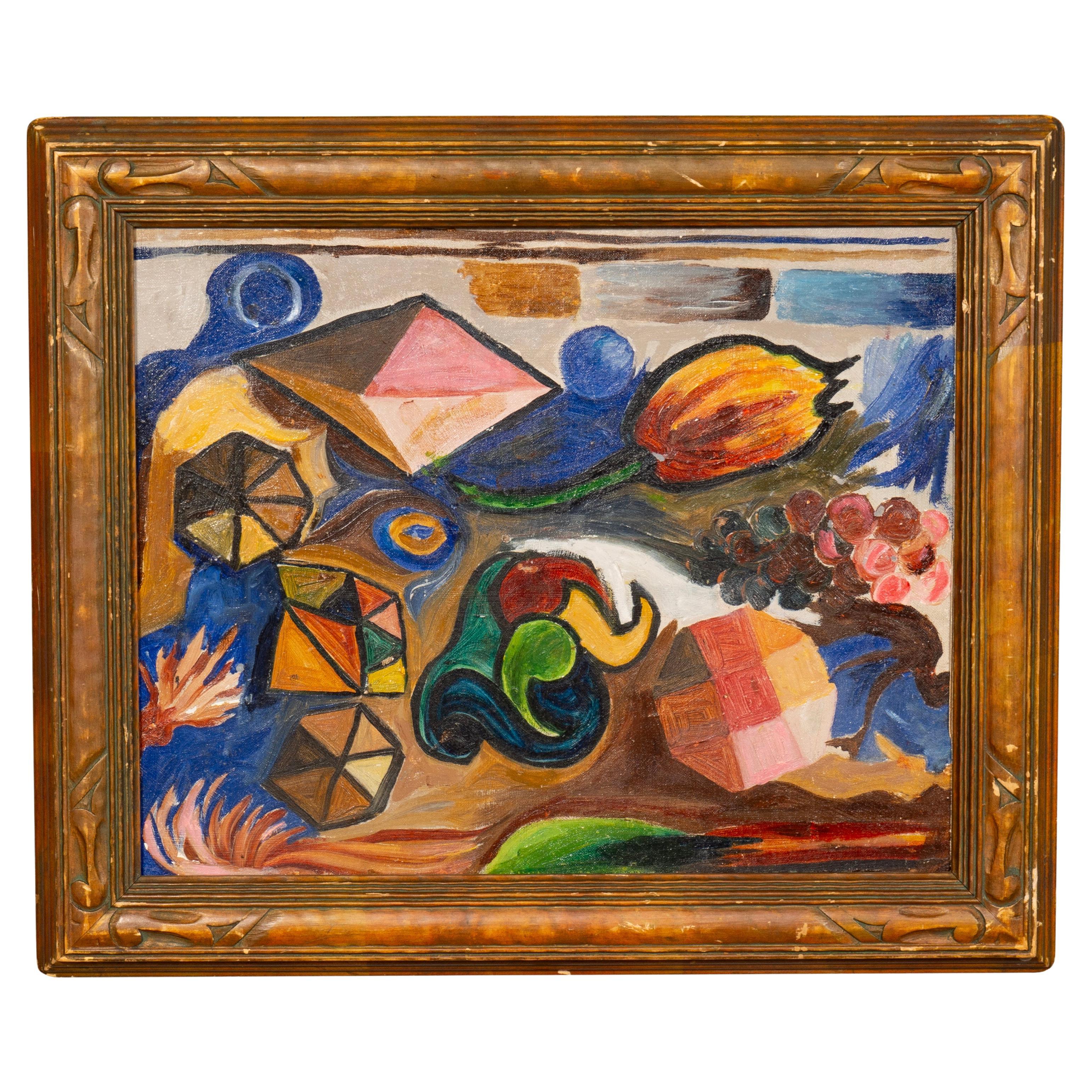 Óleo modernista sobre tabla enmarcado