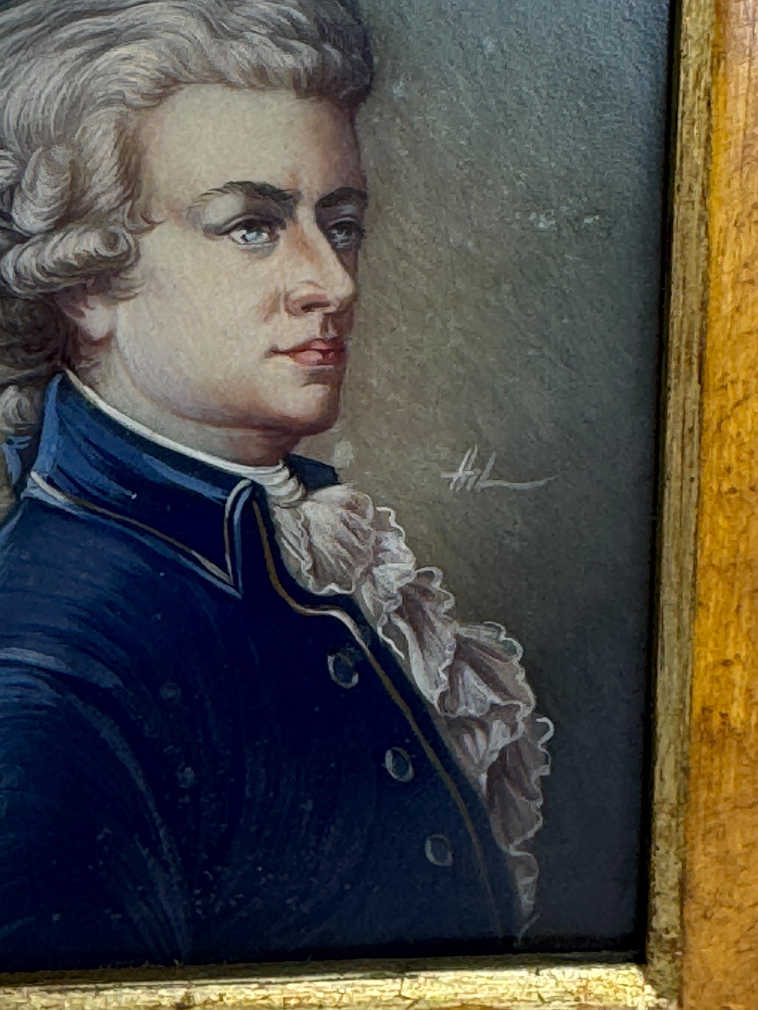 Gerahmte Mozart Miniature Portrait Gemälde Prof. A Mattei, Hand gemalt Vintage (Englisch) im Angebot