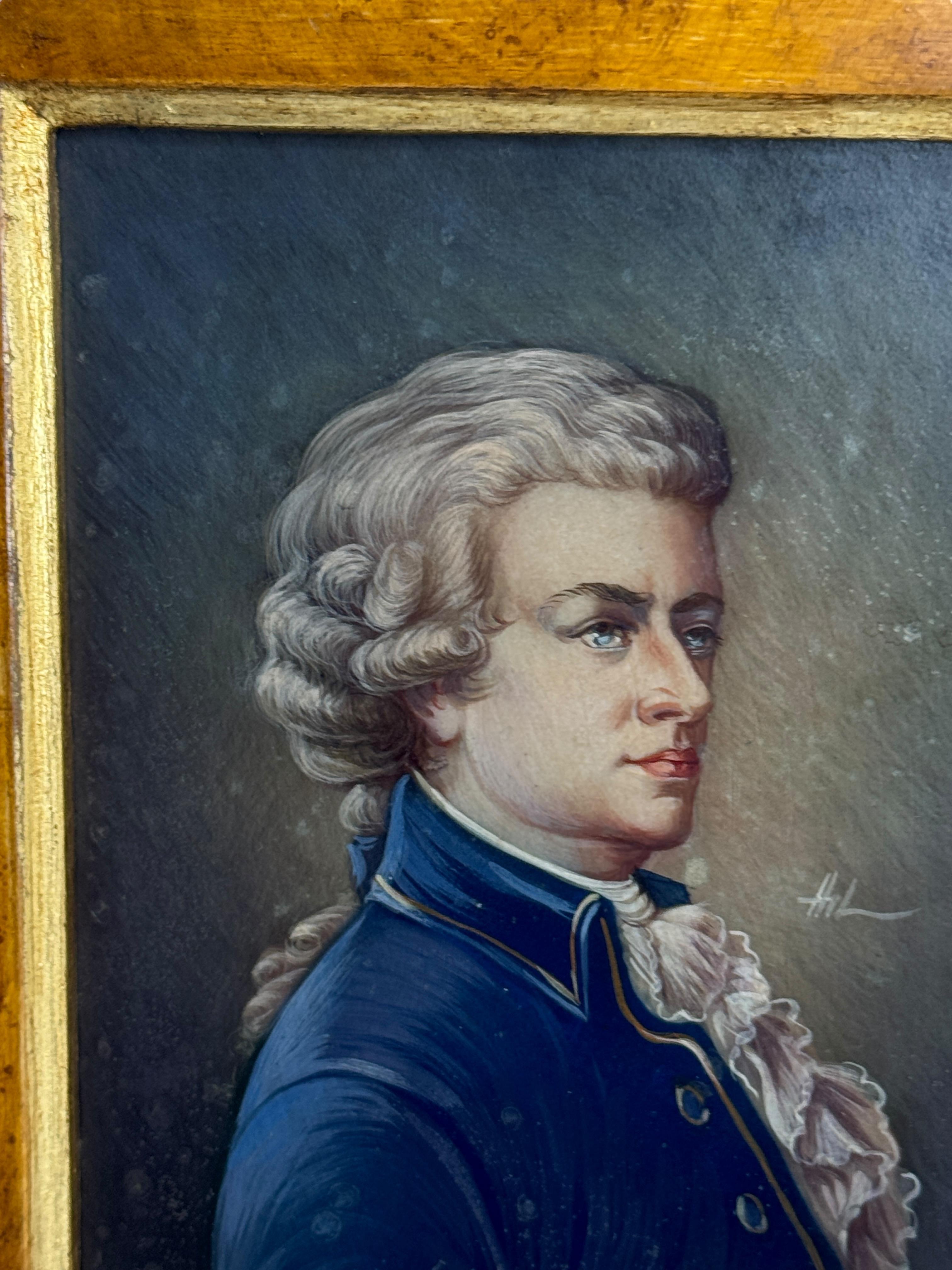 Gerahmte Mozart Miniature Portrait Gemälde Prof. A Mattei, Hand gemalt Vintage im Zustand „Gut“ im Angebot in Nuernberg, DE