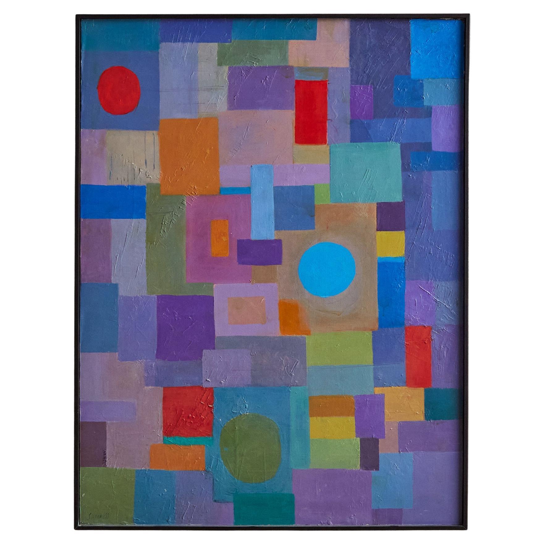 Olio su tela astratto multicolore incorniciato di Clara Shainess