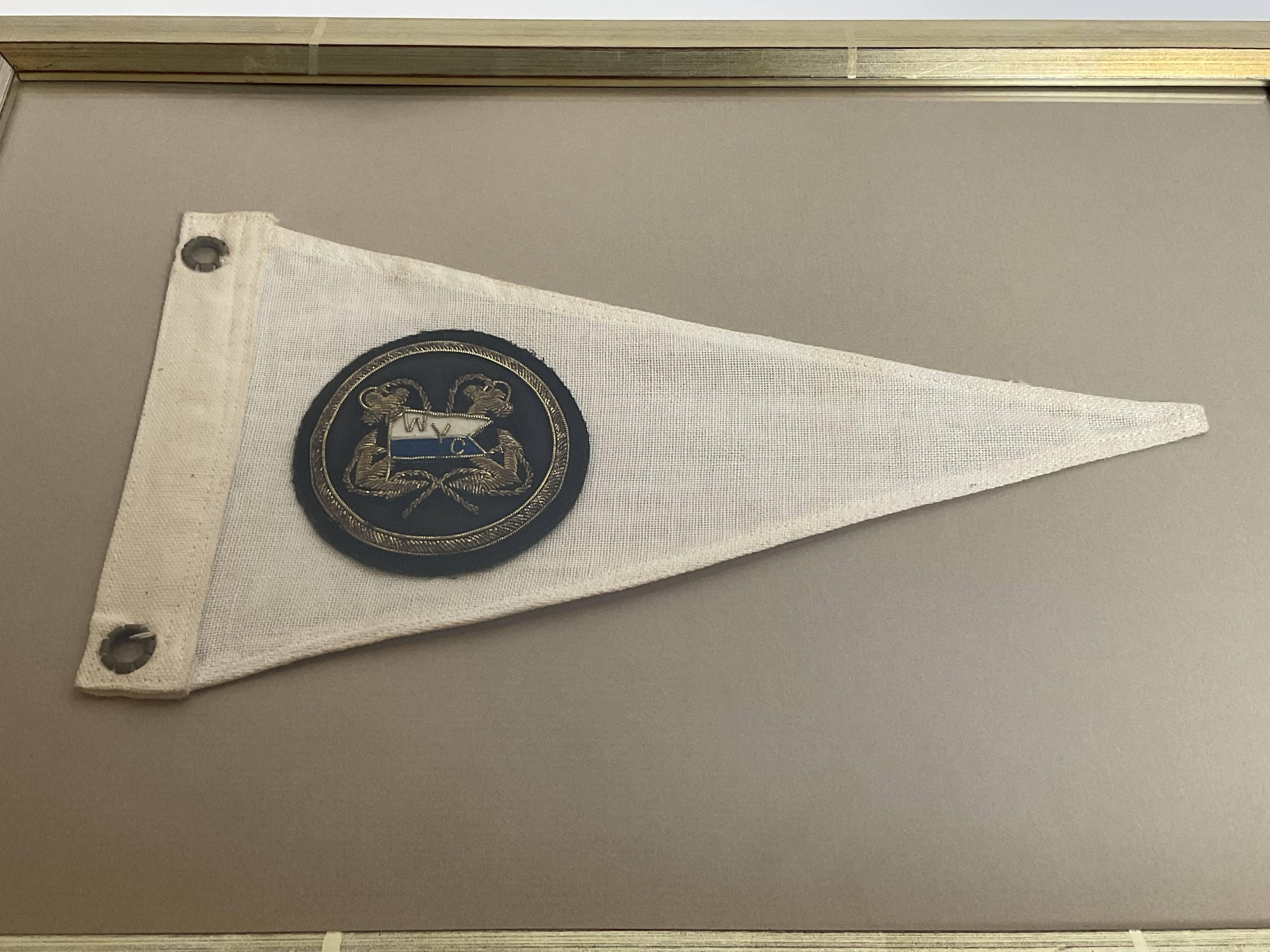 Linen Framed Nautical Flag with Yacht Club Badge For Sale