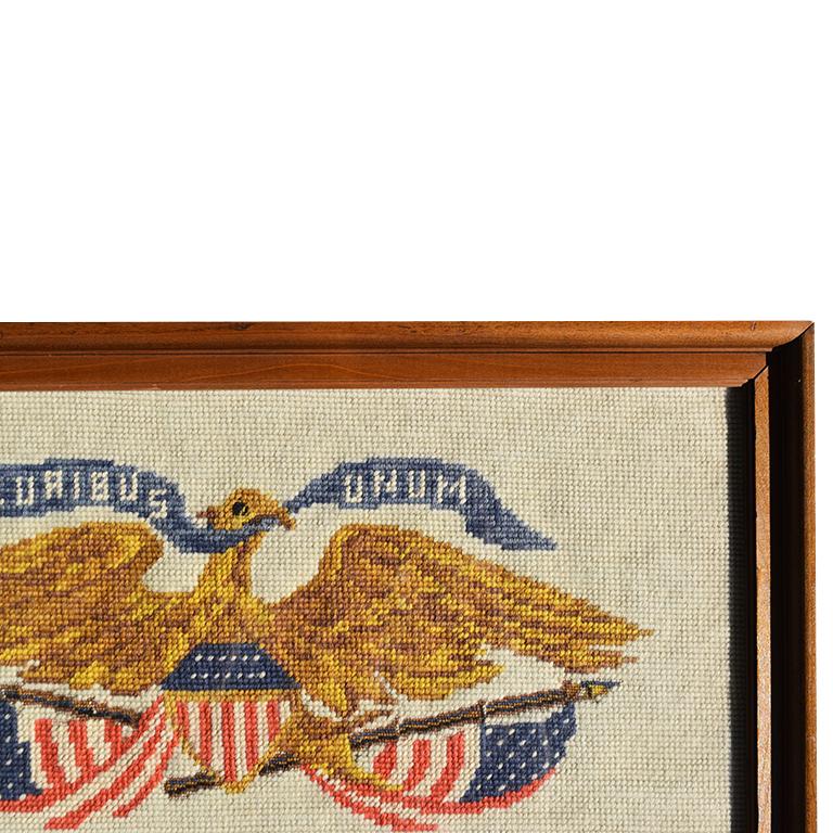 American Classical Framed Needlepoint Cross-Stitched American Eagle Signed E Pluribus Unum
