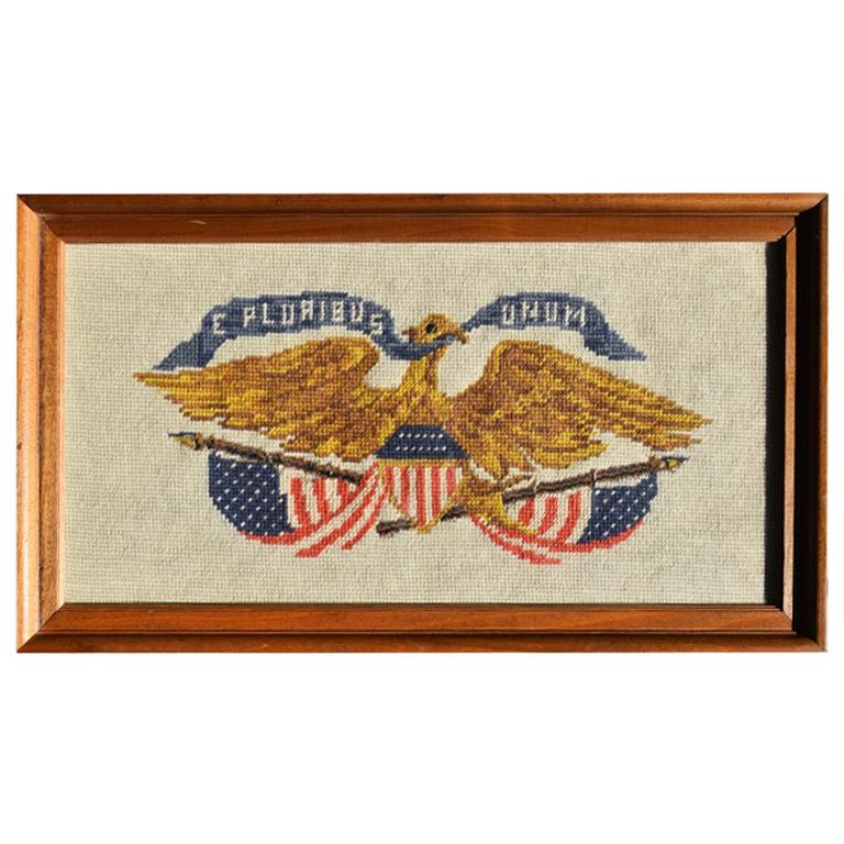 Framed Needlepoint Cross-Stitched American Eagle Signed E Pluribus Unum