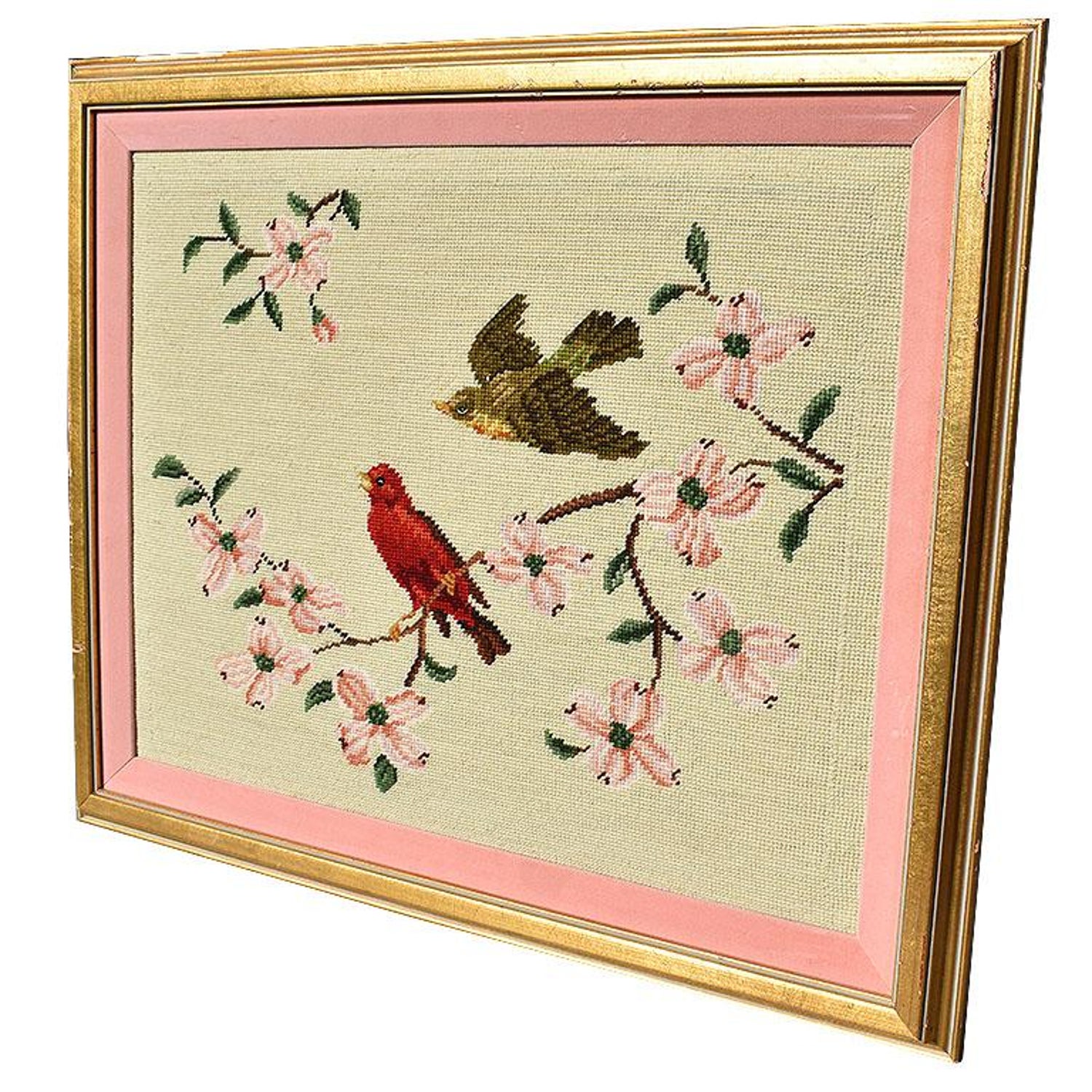 Framed Needlepoint Embroidered Wall Hanging Of Pink Birds And Flowers At 1stdibs