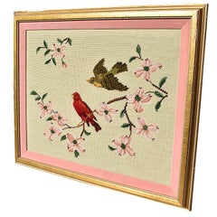 Framed Needlepoint Embroidered Wall Hanging of Pink Birds and Flowers