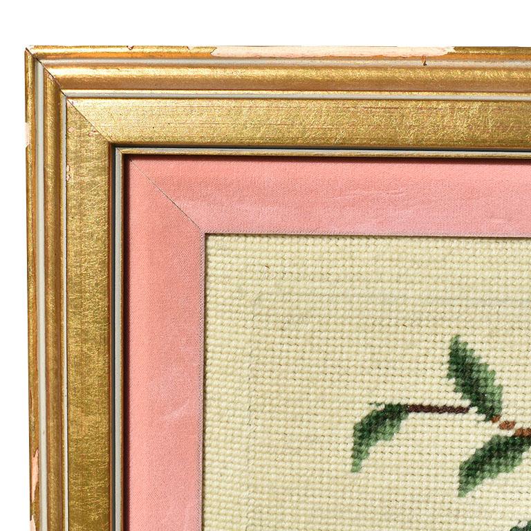 Folk Art Framed Needlepoint Embroidered Wall Hanging of Pink Birds and Flowers